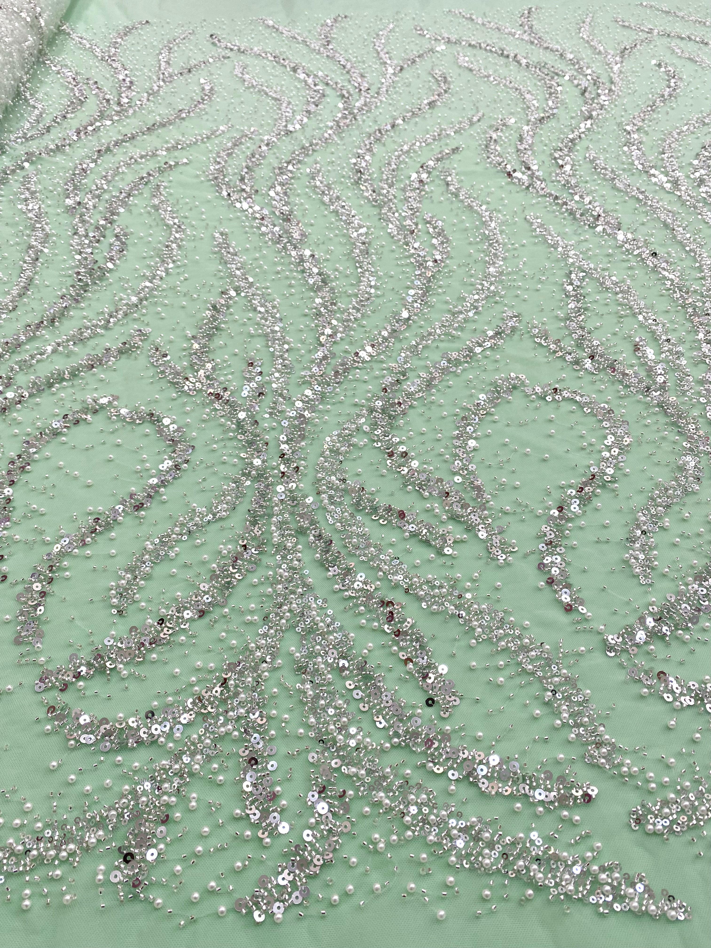 Silver Couture Lace on Mint Green Tulle with Pearls, Beads and Sequins