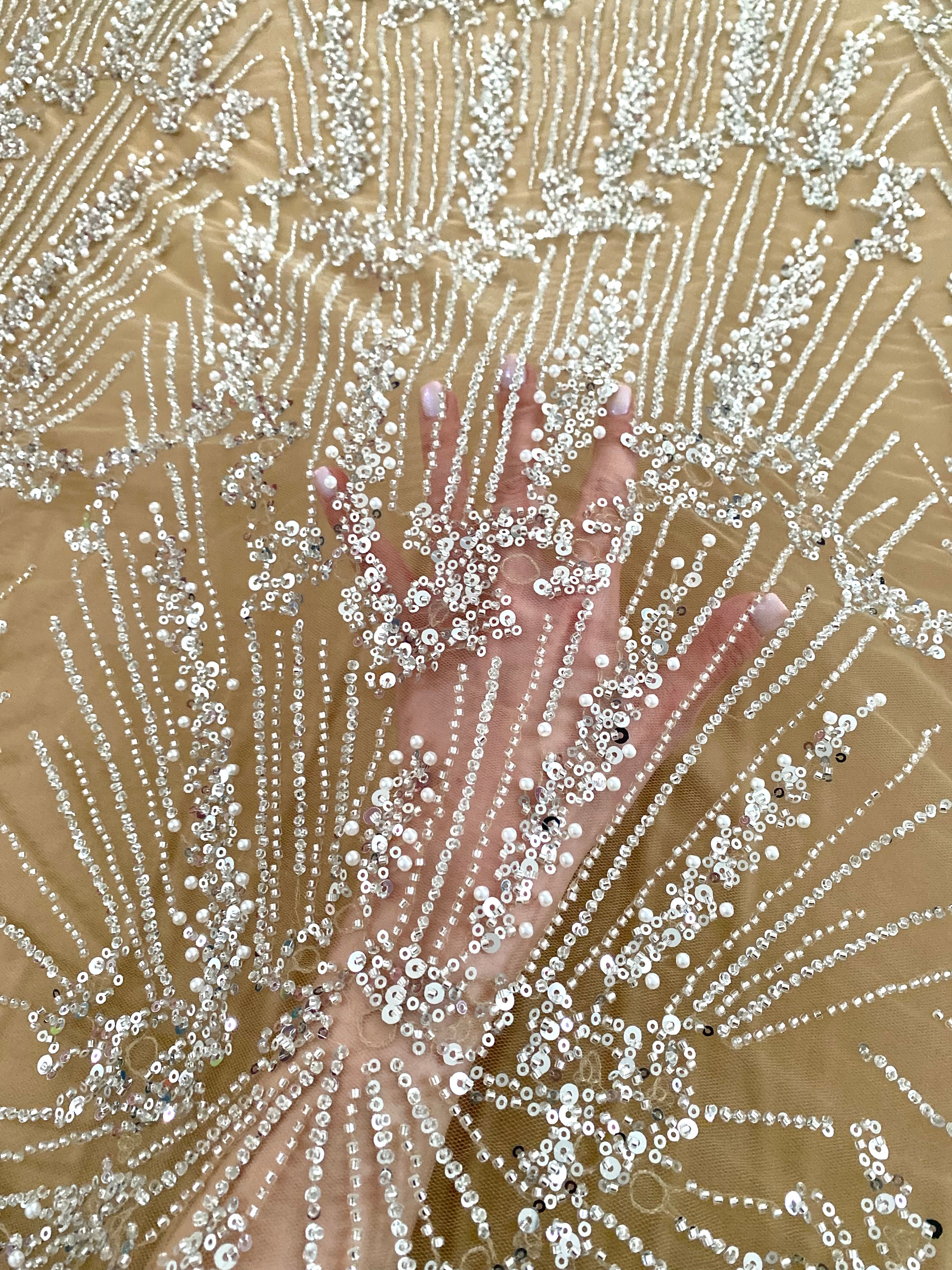 0.9m Voucher of Silver Couture Lace on Champagne Tulle, with Symmetrical Pattern, with Beads and Sequins 