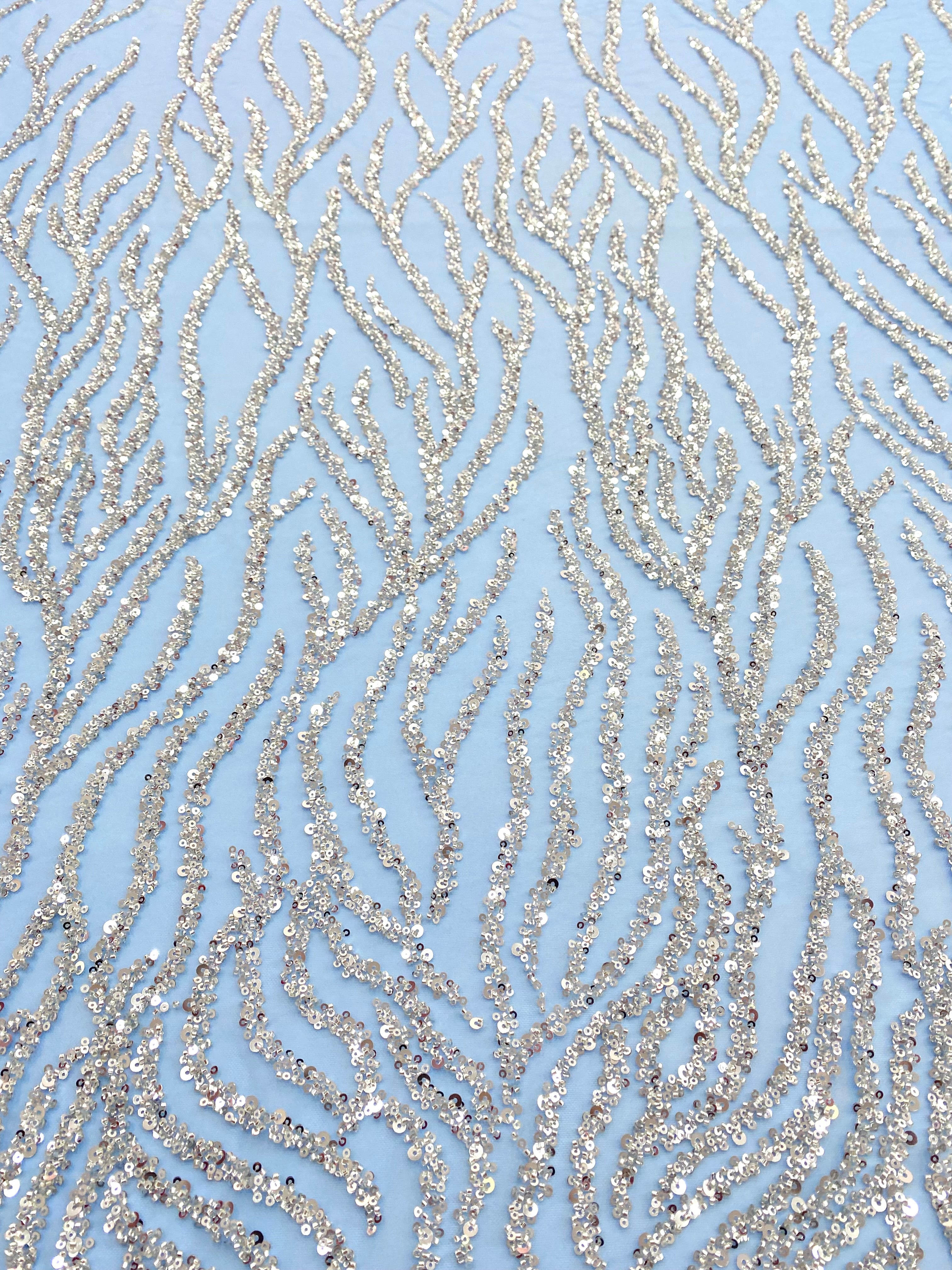 Silver Couture Lace on Blue Tulle, with Symmetrical Pattern, with Beads and Sequins 