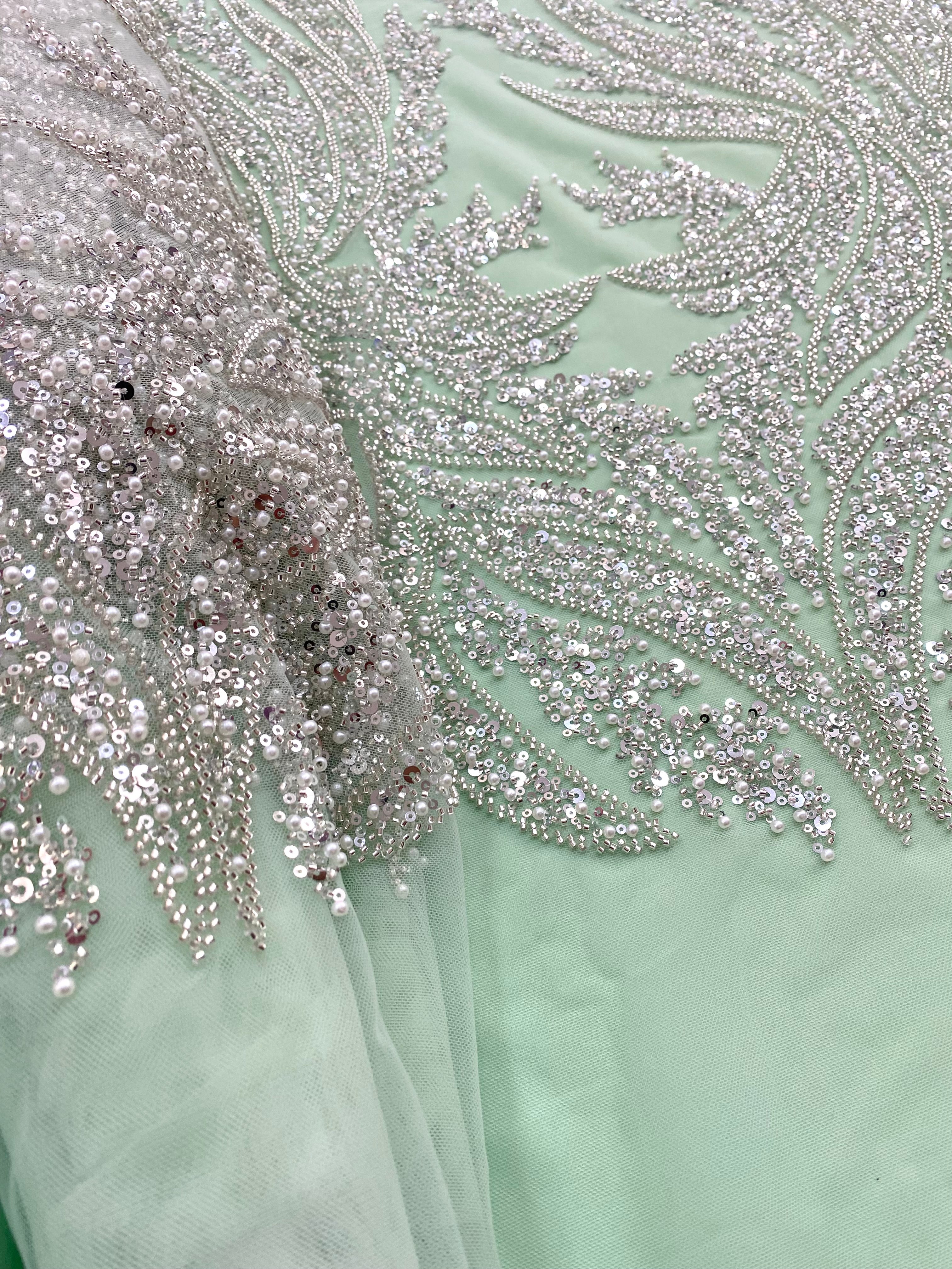 Silver Couture Lace on Mint Green Tulle with Panel, with Pearls, Beads and Sequins
