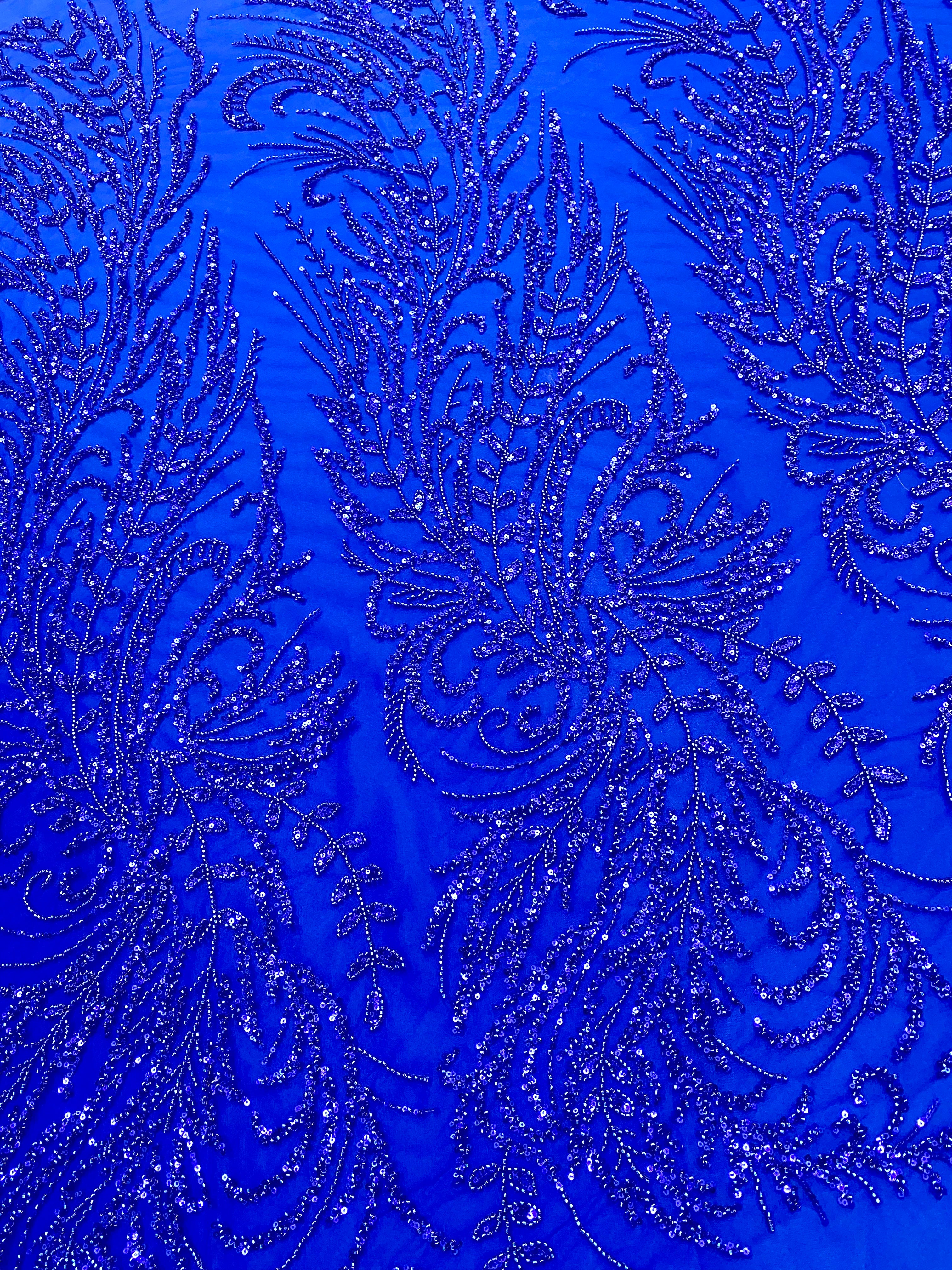 Royal Blue Couture Lace with Floral Pattern, Beads and Sequins