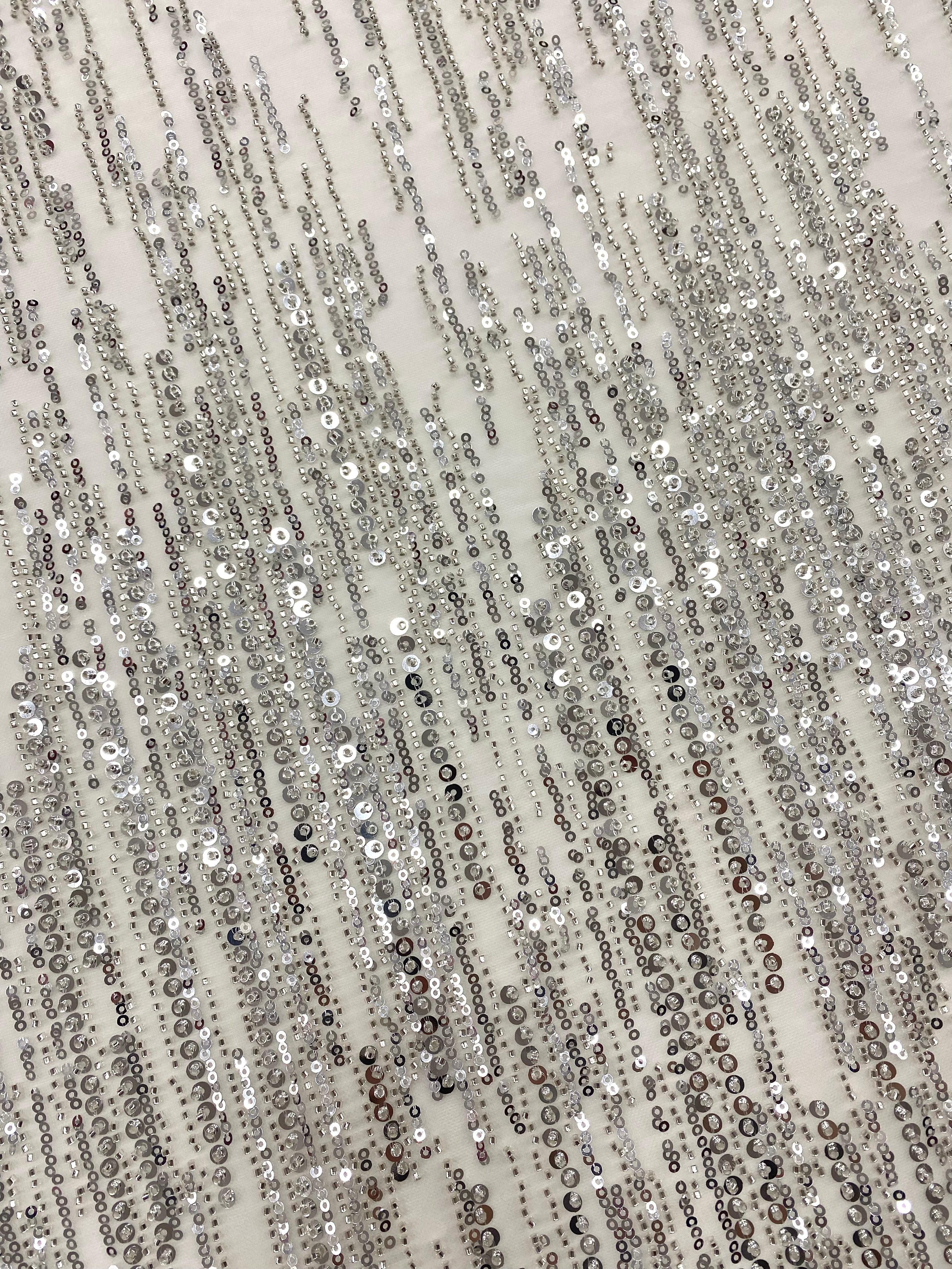 Silver Couture Lace on Ivory Tulle with Linear Pattern, with Beads and Sequins