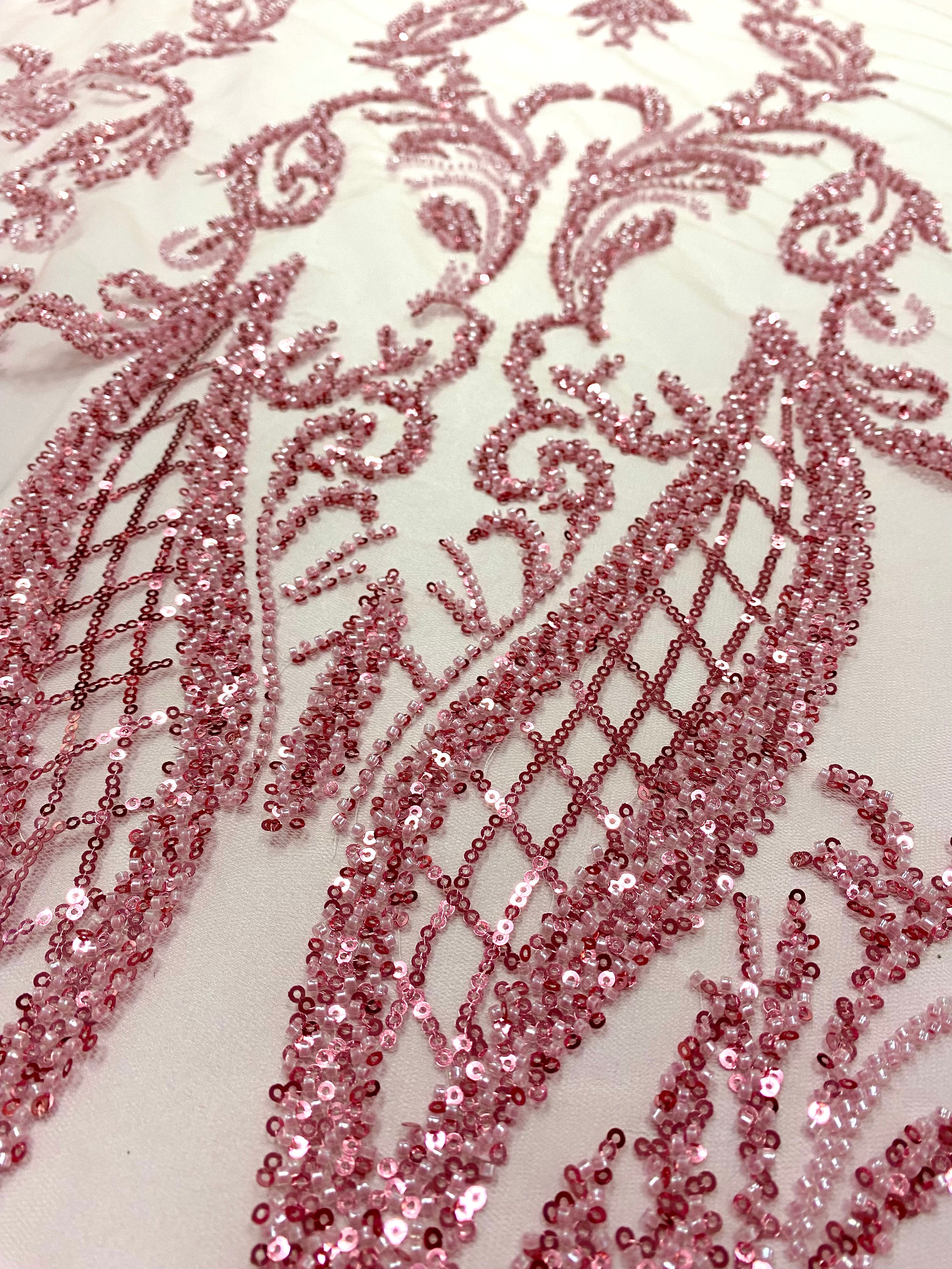Pink Couture Lace with Geometric Pattern, with Beads and Sequins