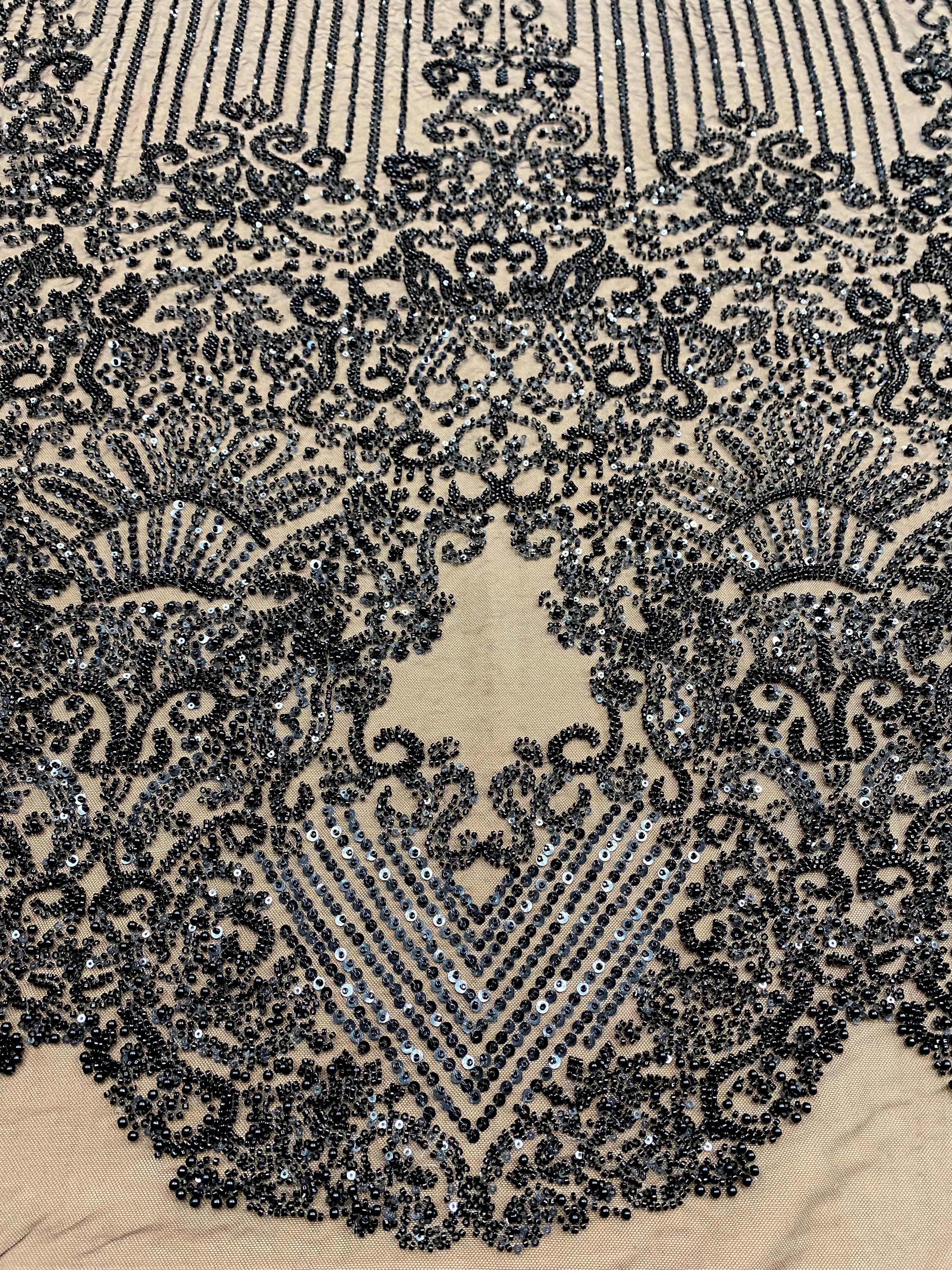 Cupon 1.30 m din Dantela Couture Neagra cu Model Geometric, cu Perle, Margele si Paiete