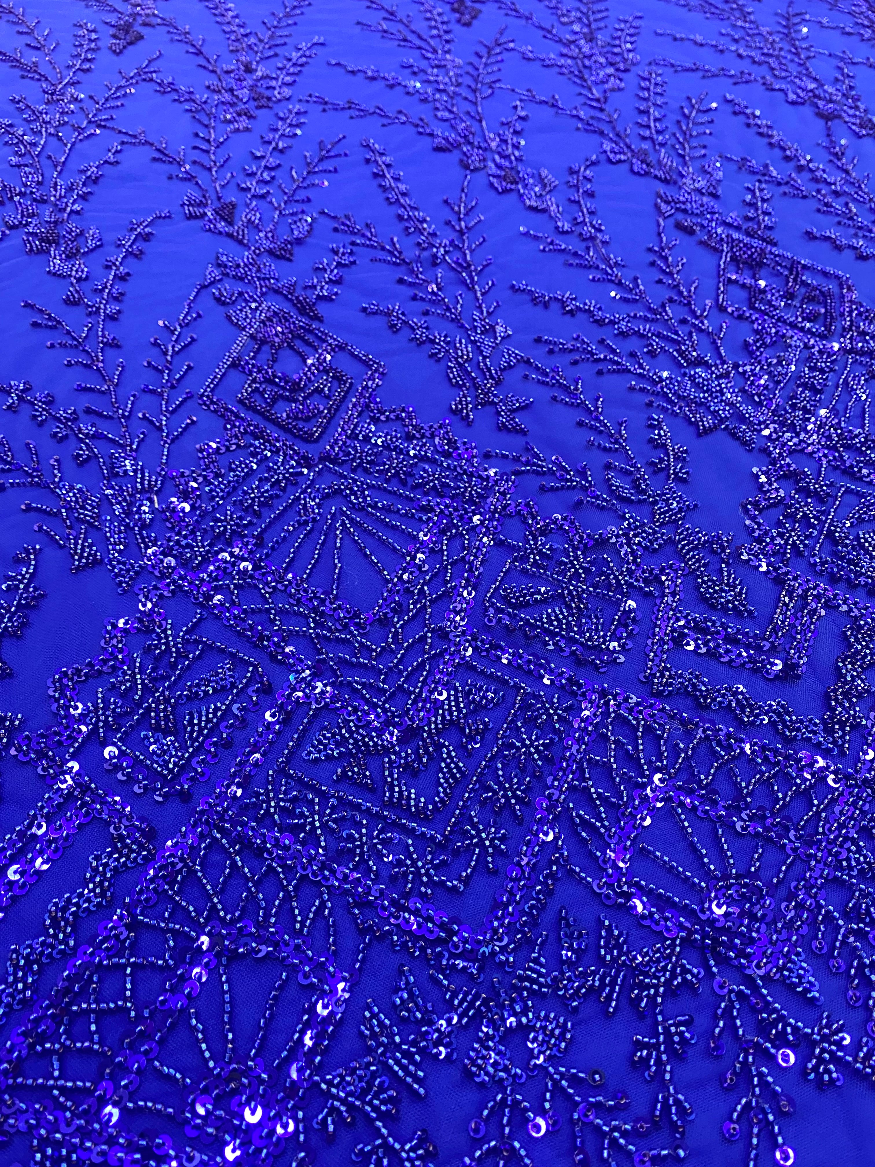 Royal Blue Couture Lace with Geometric Pattern, Beads and Sequins
