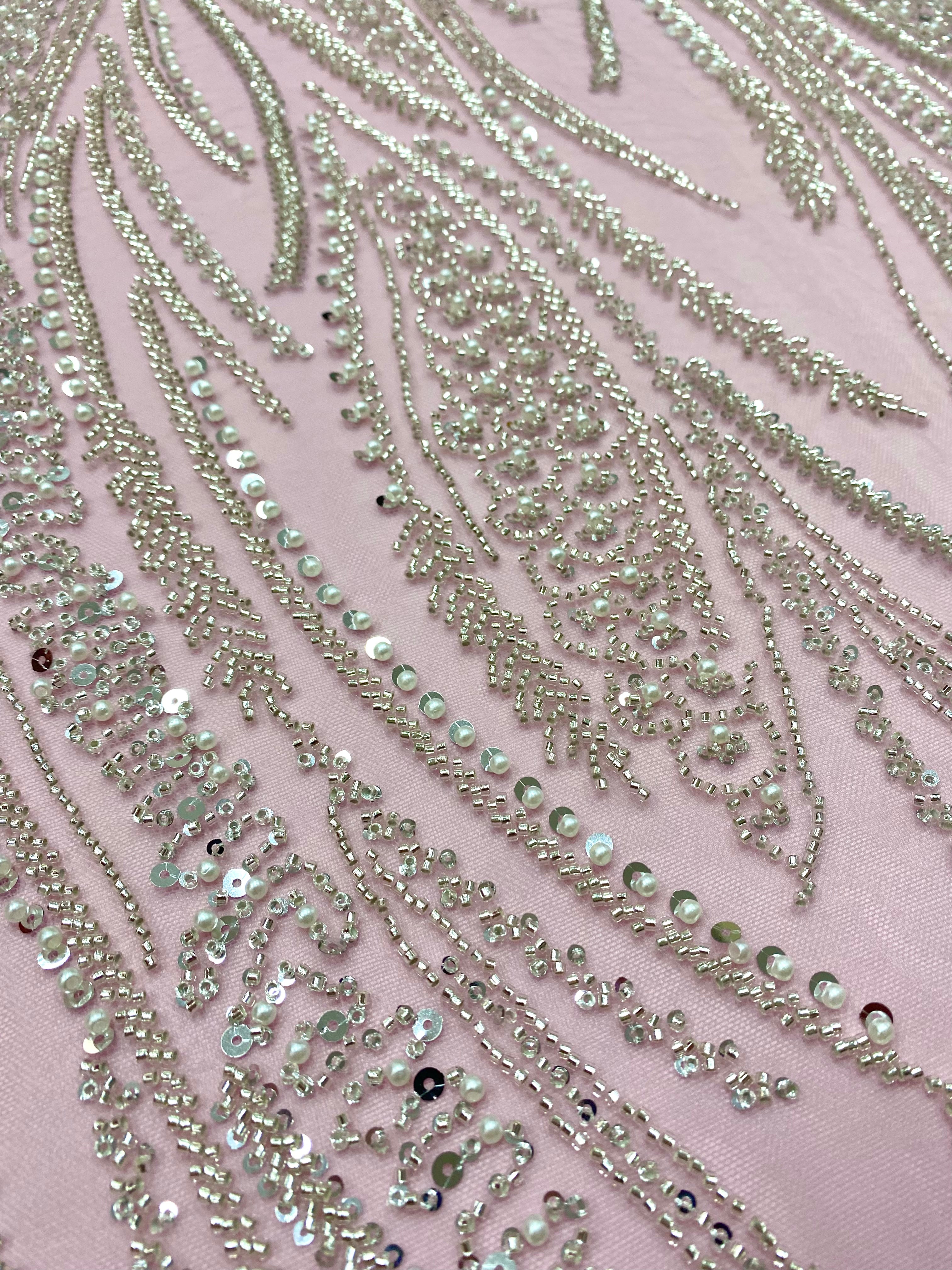 Silver Lace with Linear Pattern, with Pearls and Sequins