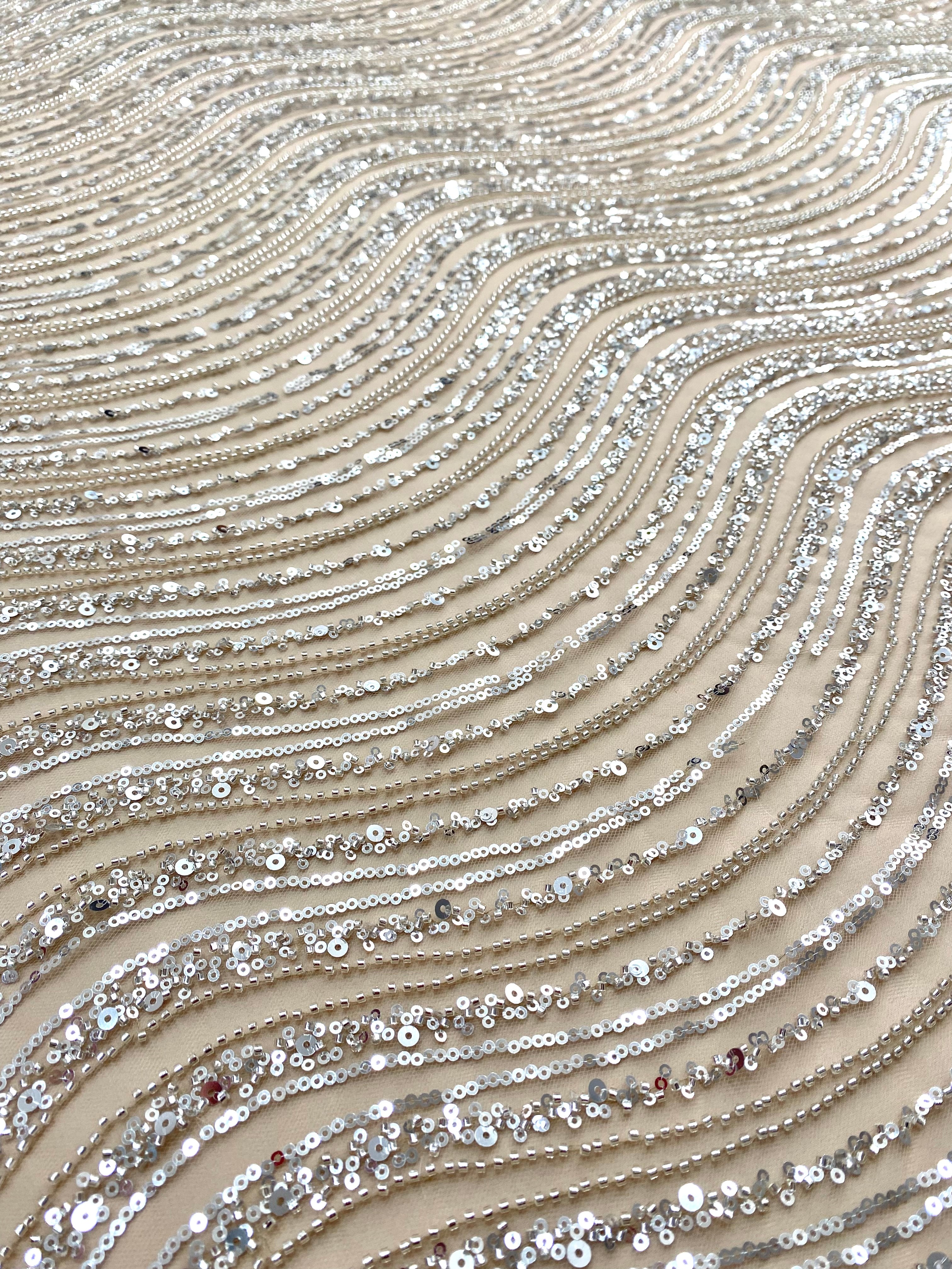 Silver Lace with Geometric Pattern, with Beads and Sequins