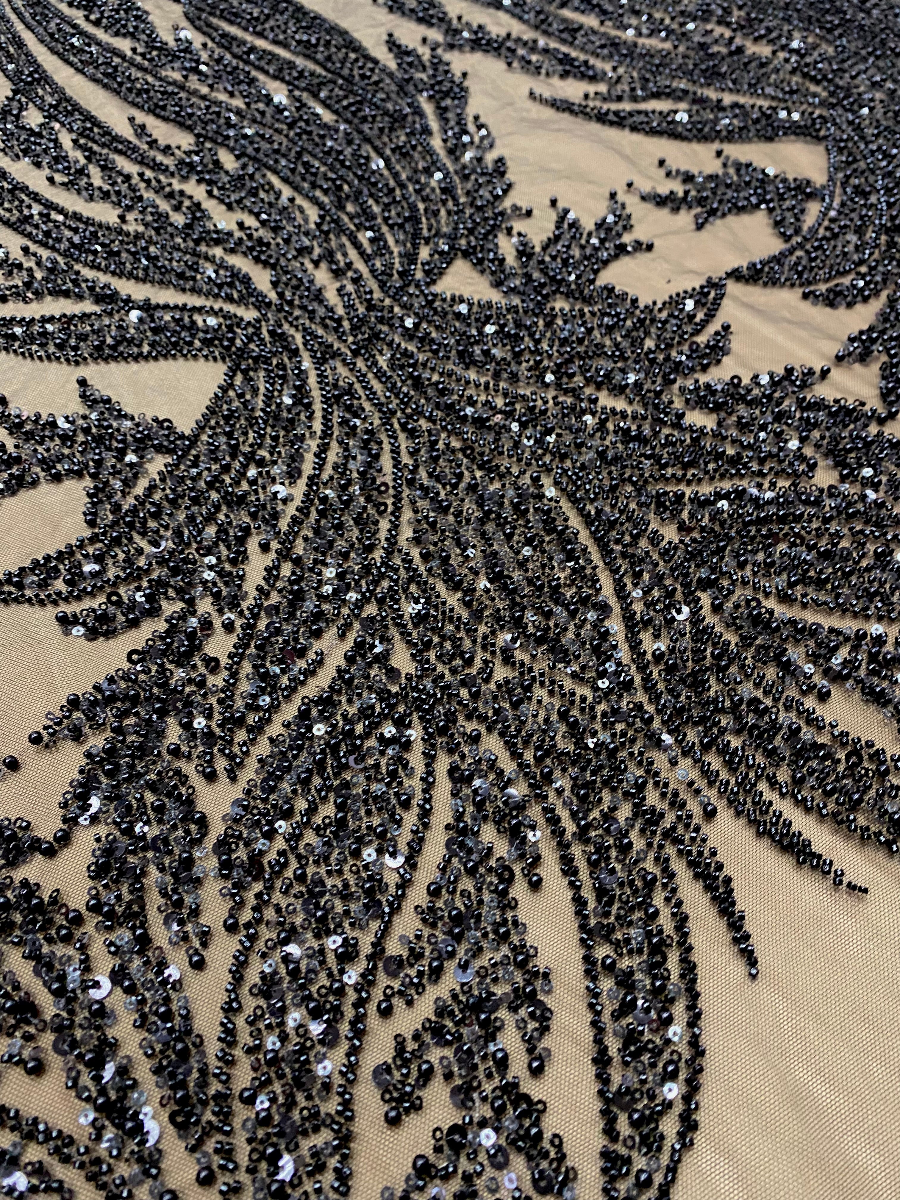 Silver Couture Lace on Blue Tulle, with Symmetrical Pattern, with Beads and Sequins 