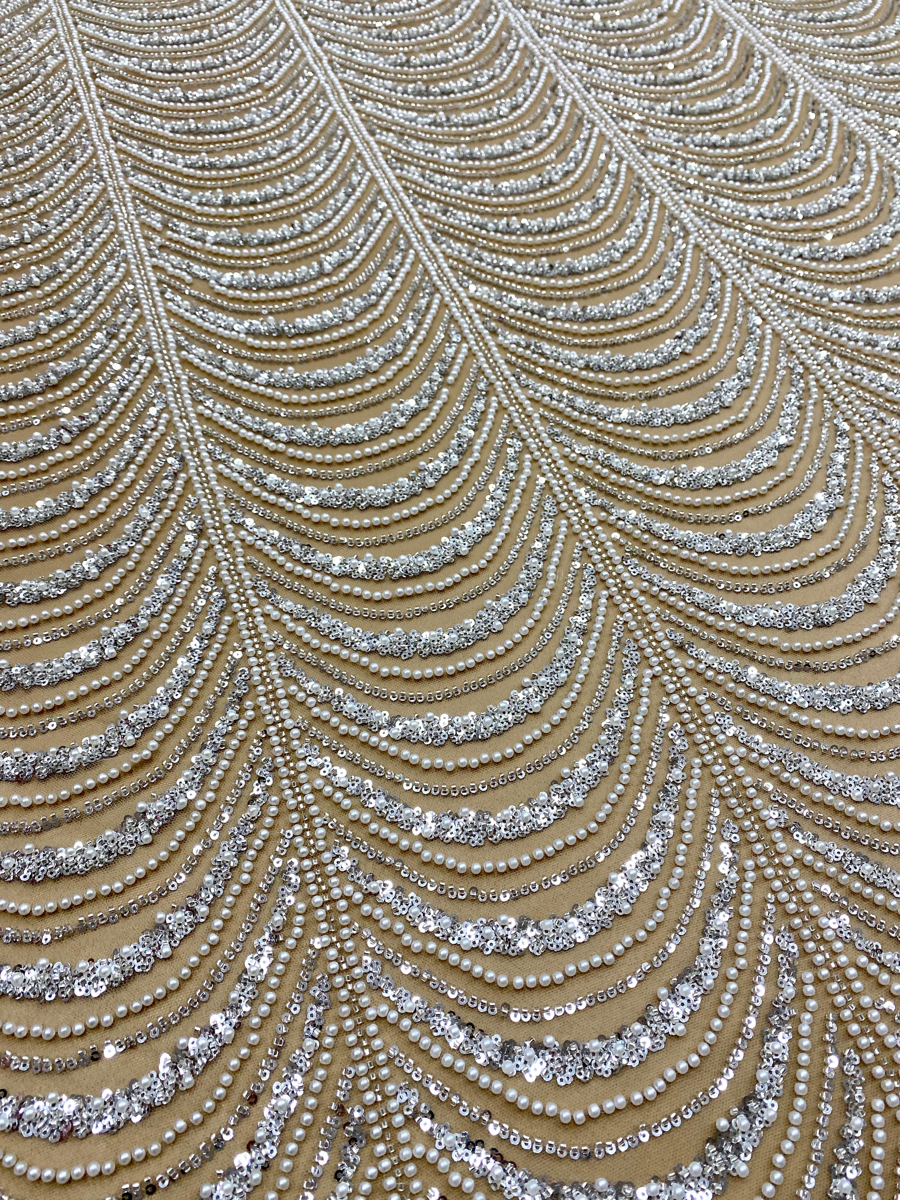 Silver Lace with Linear Pattern, with Pearls and Sequins