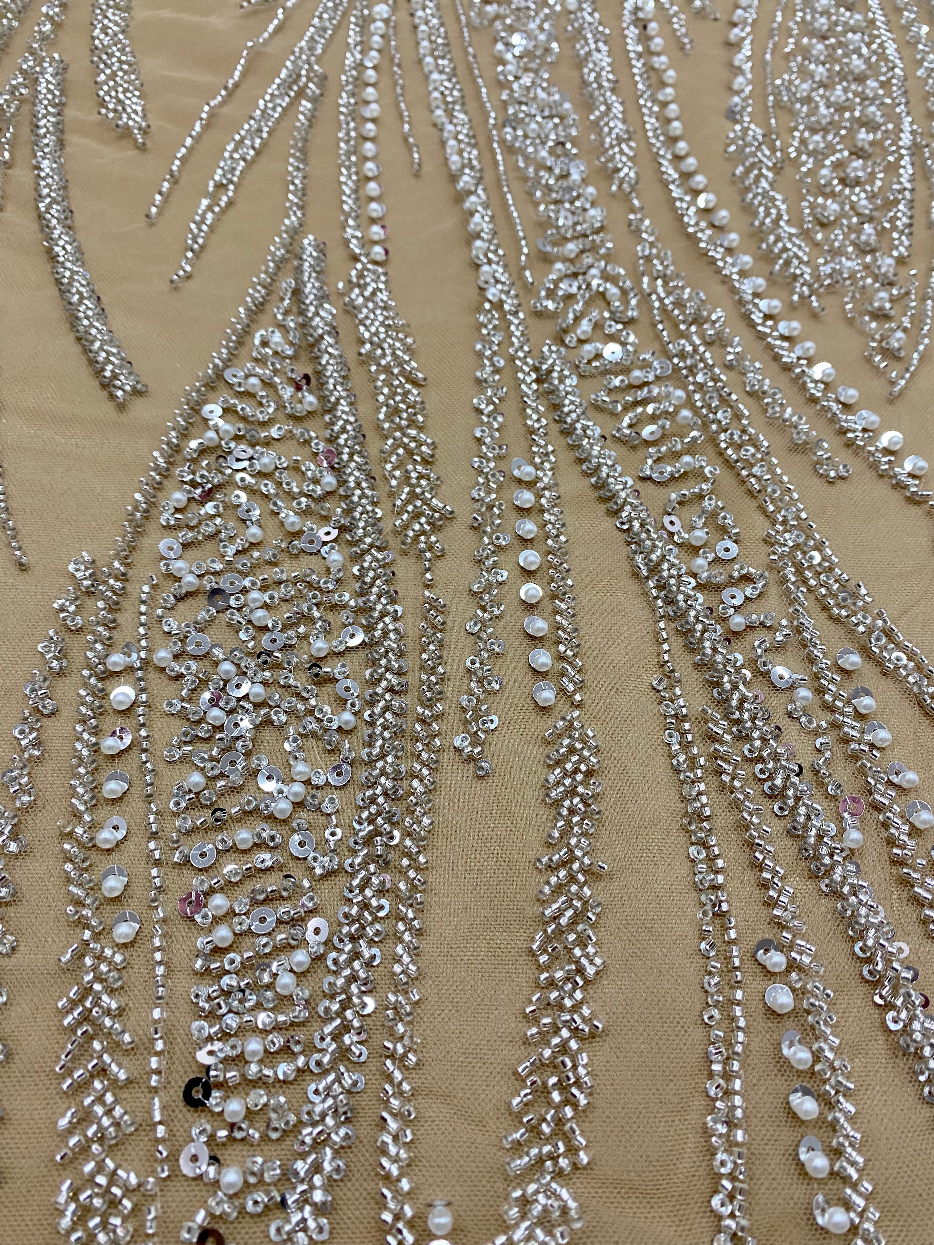 Silver Lace with Linear Pattern, with Pearls and Sequins