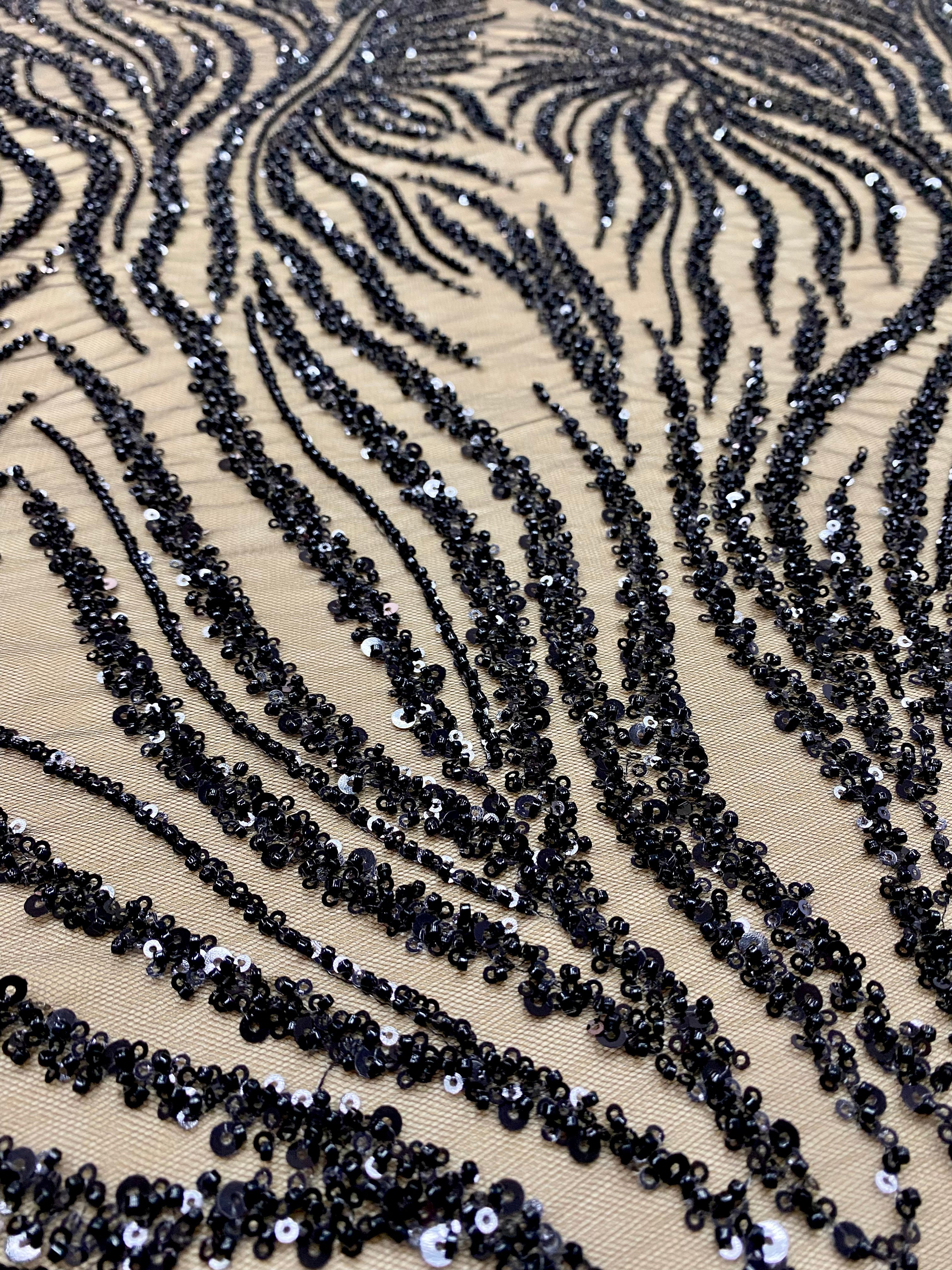 Black Couture Lace with Strings, Beads and Sequins