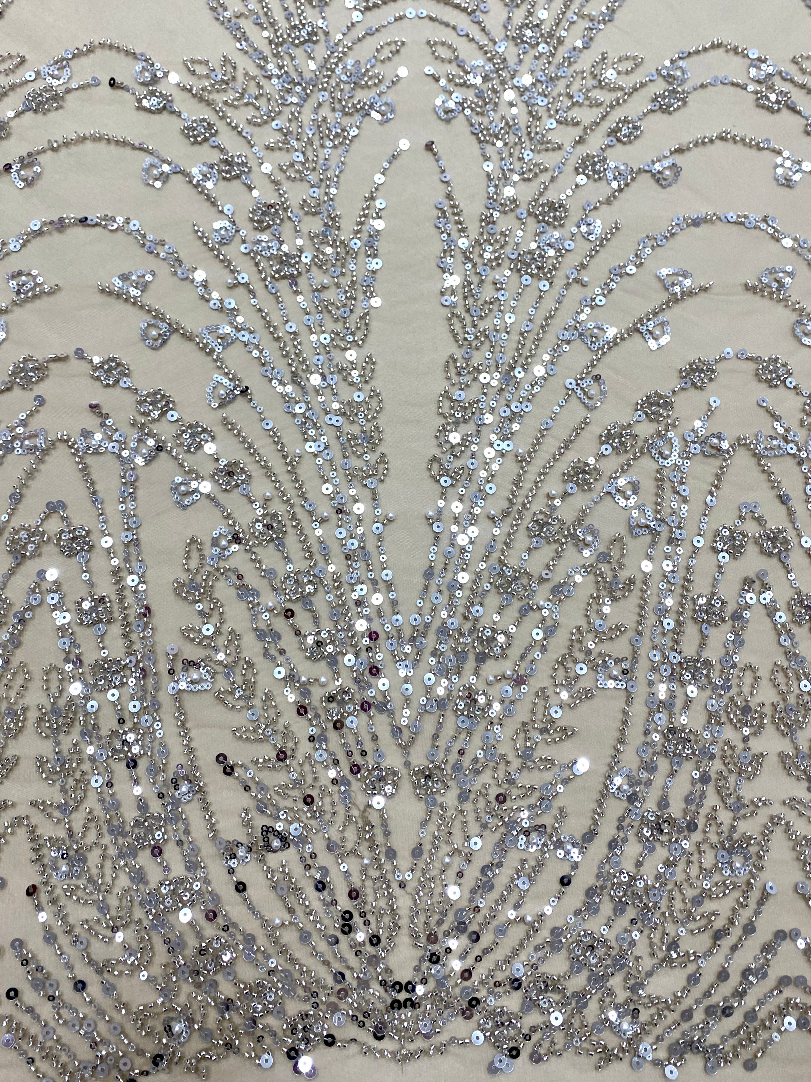 Silver Lace with Geometric Pattern, with Beads and Sequins