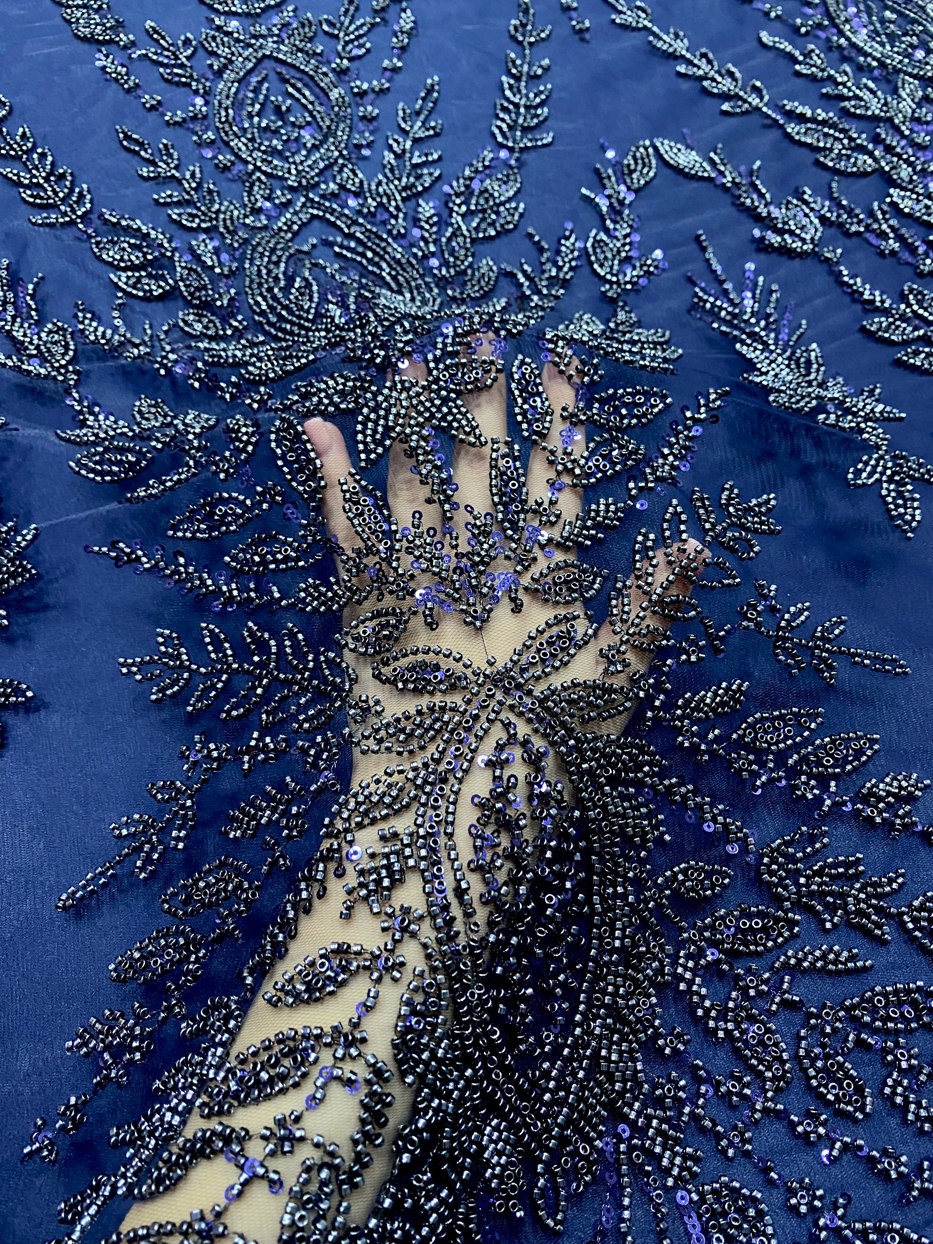 Navy Blue Couture Lace with Symmetrical Pattern, with Beads and Sequins 