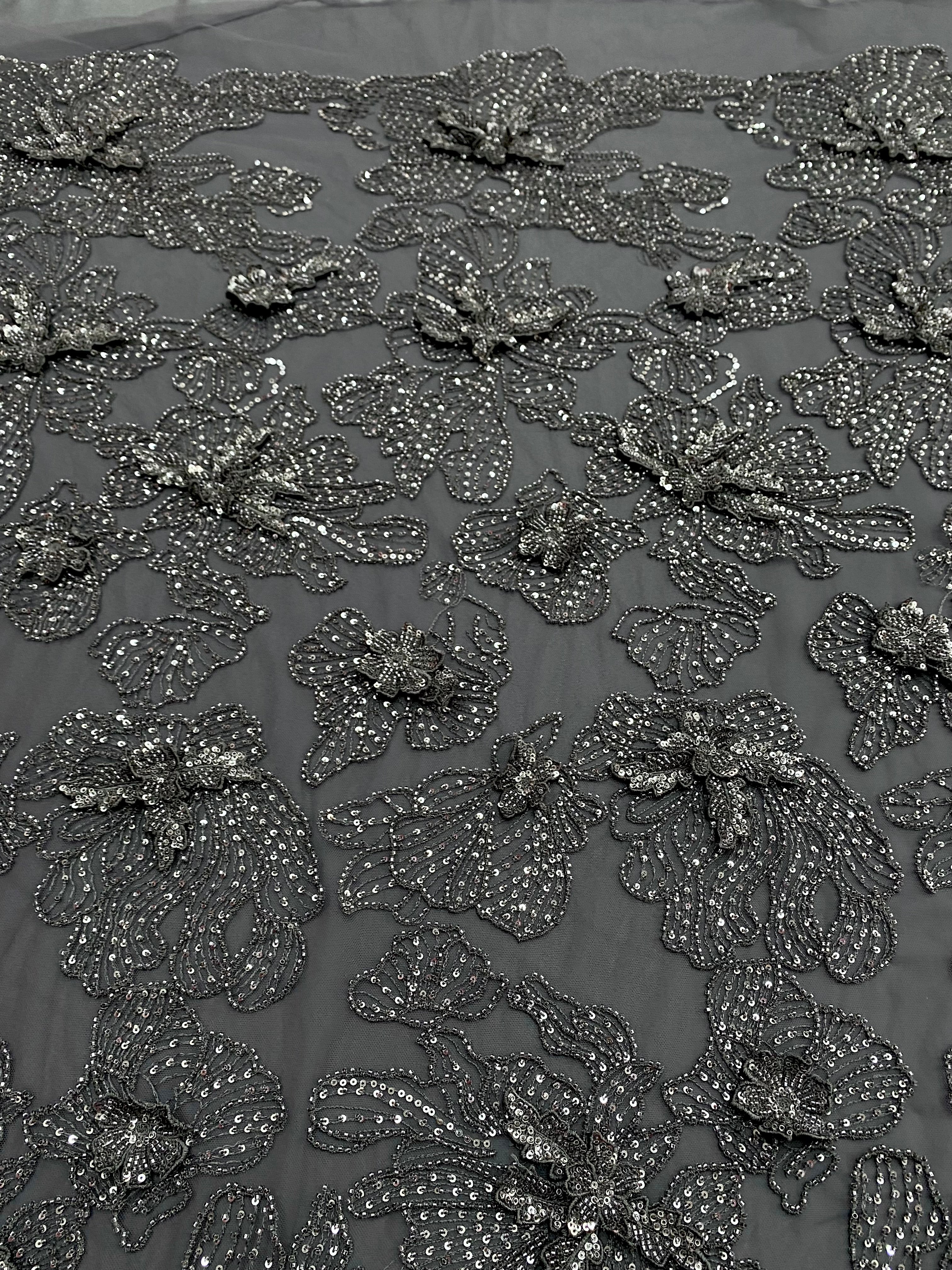 Silver Lace with Linear Pattern, with Pearls and Sequins