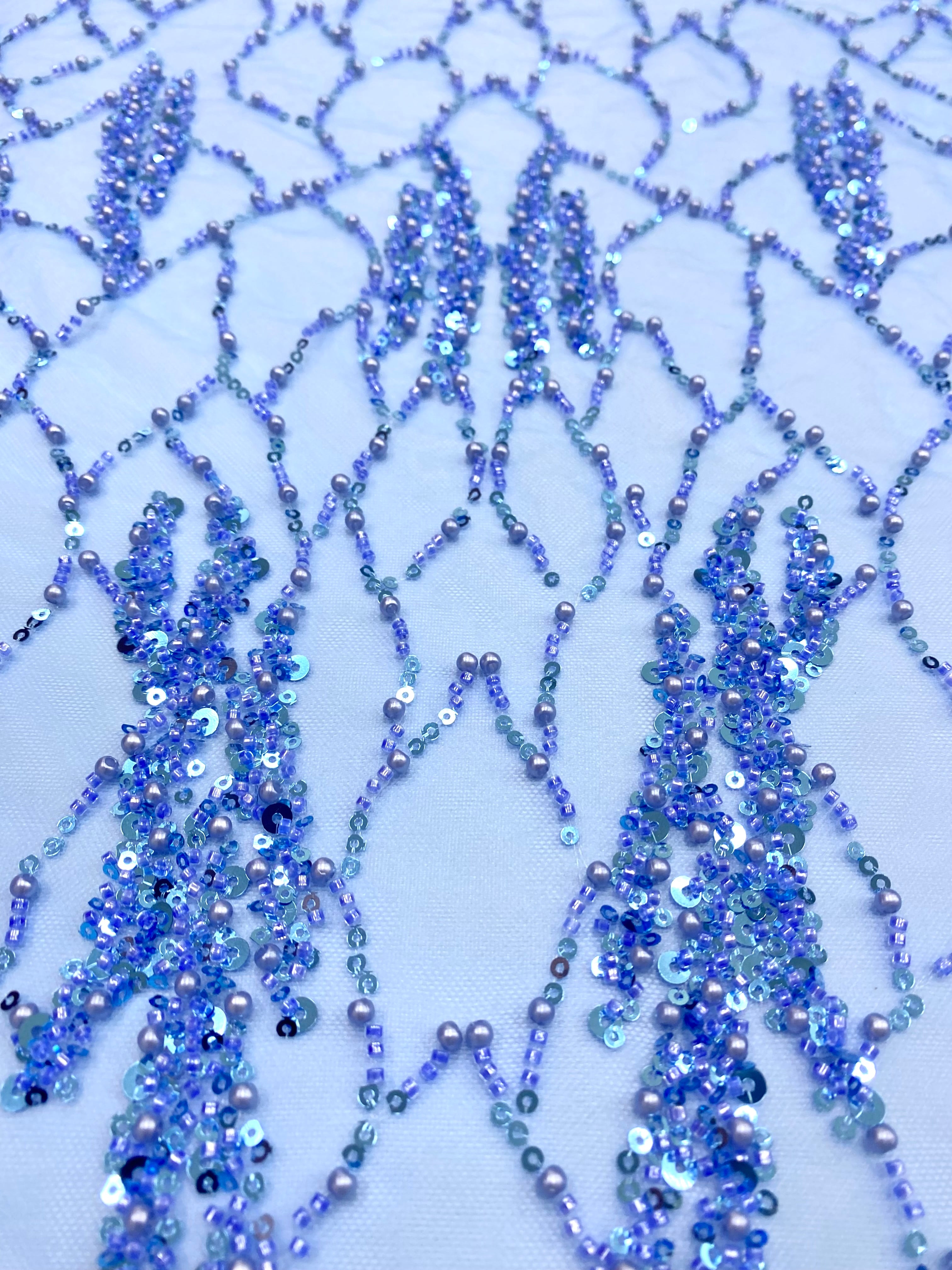 Dantela Couture Sky Blue cu Siraguri cu Perle, Margele si Paiete