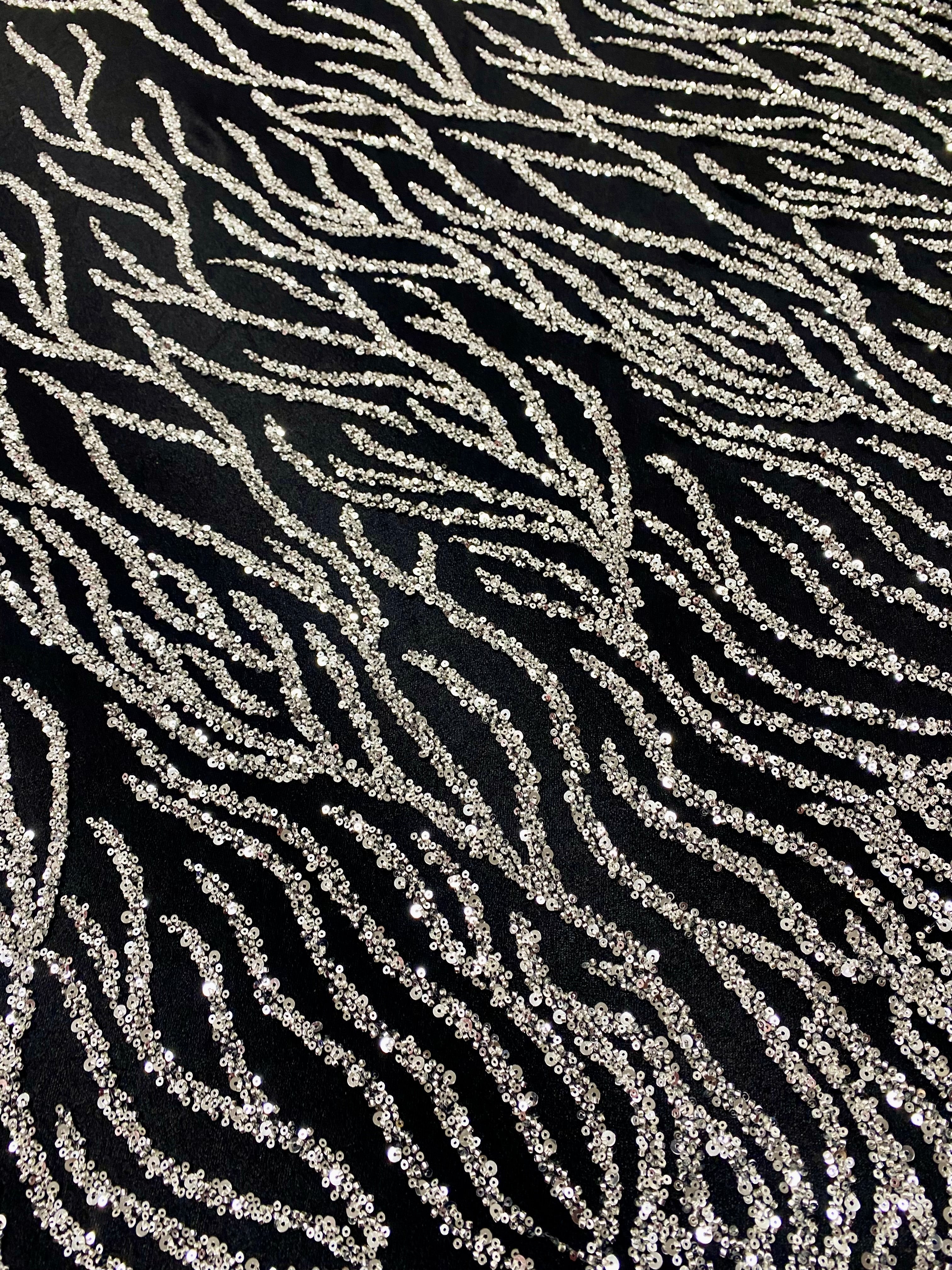 Silver Couture Lace on Black Tulle with Strings, Beads and Sequins