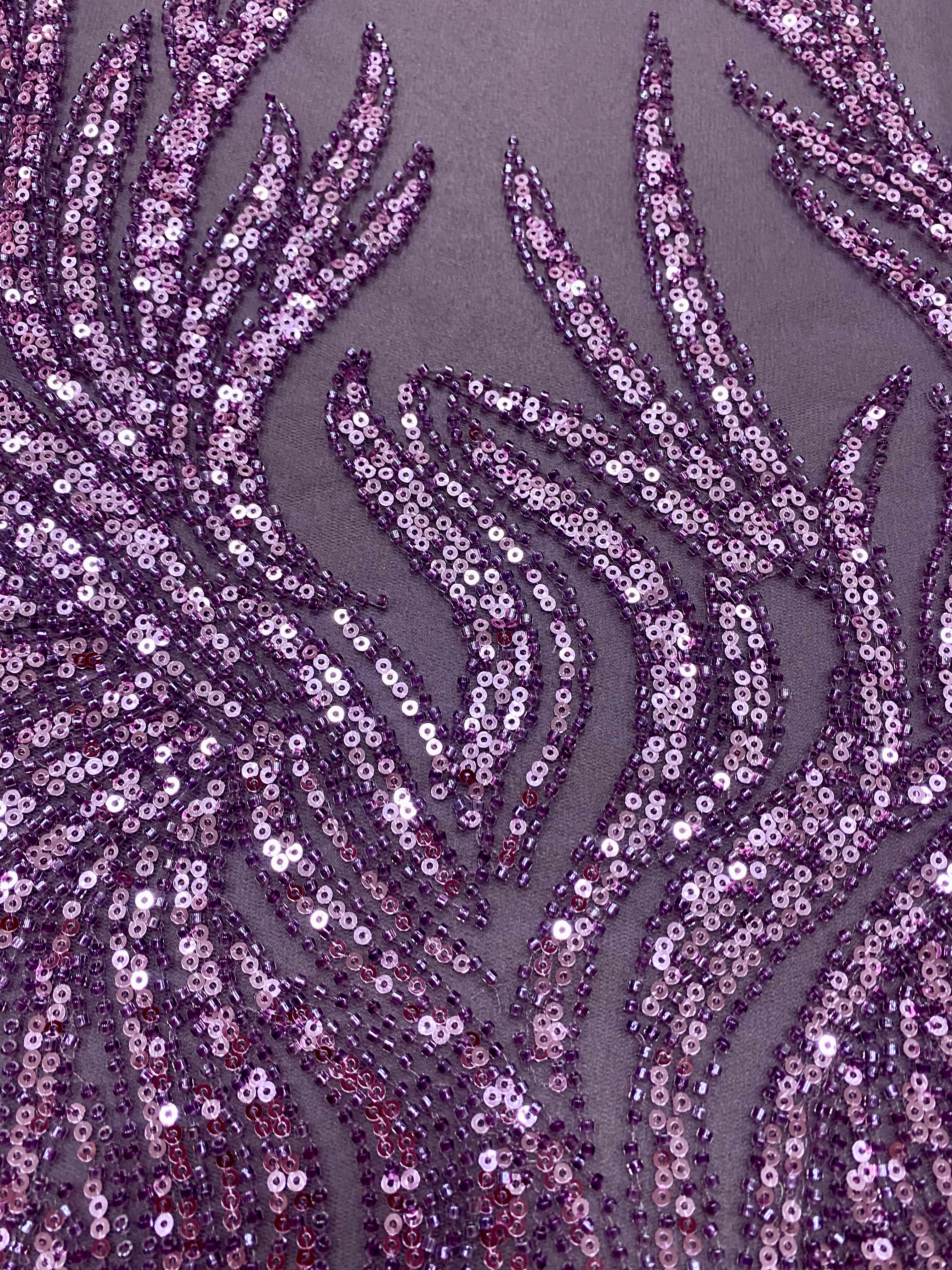 Dantela Couture Lavanda Pudrata cu Siraguri, cu Margele si Paiete