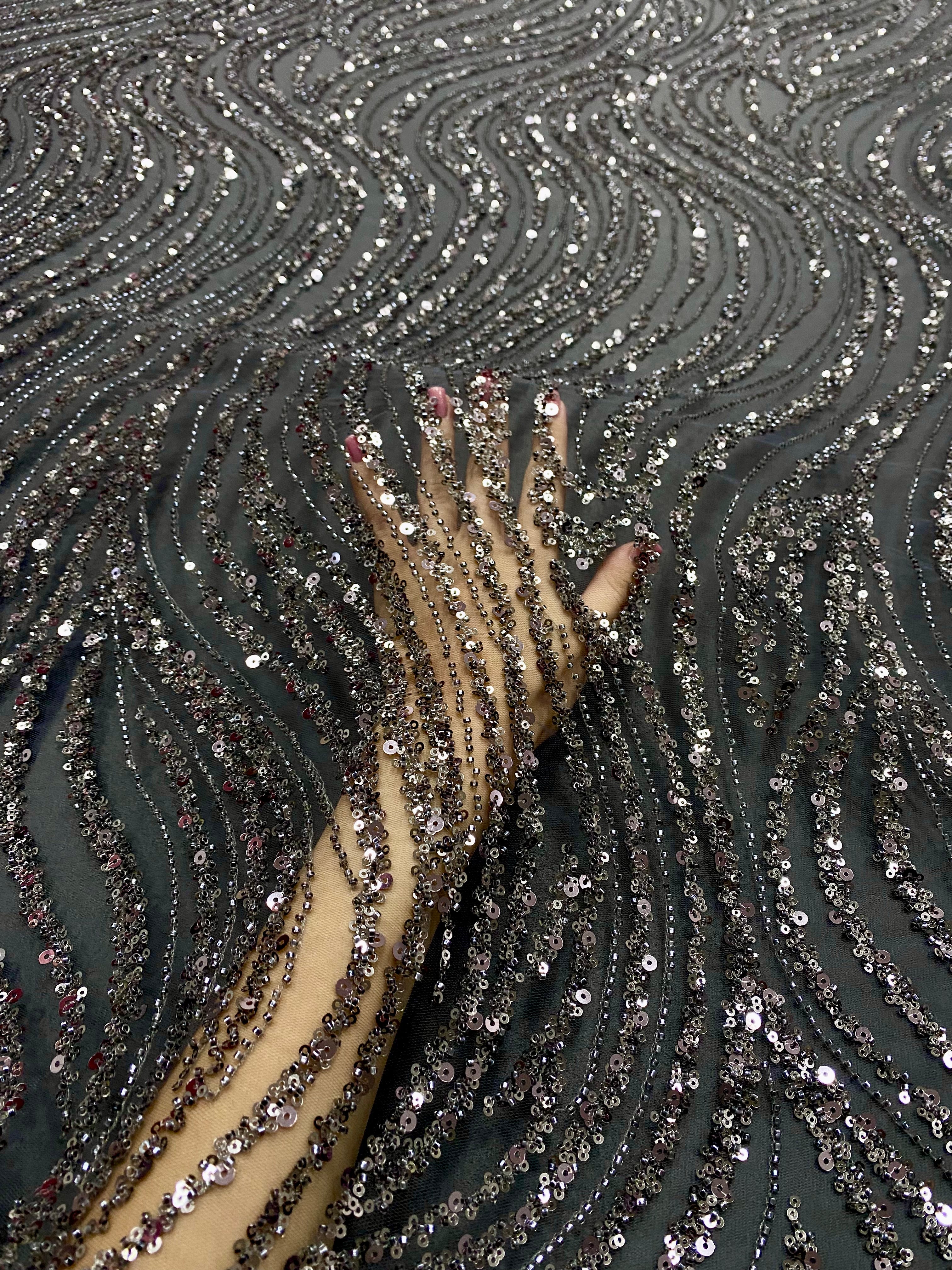 Silver Lace with Linear Pattern, with Pearls and Sequins