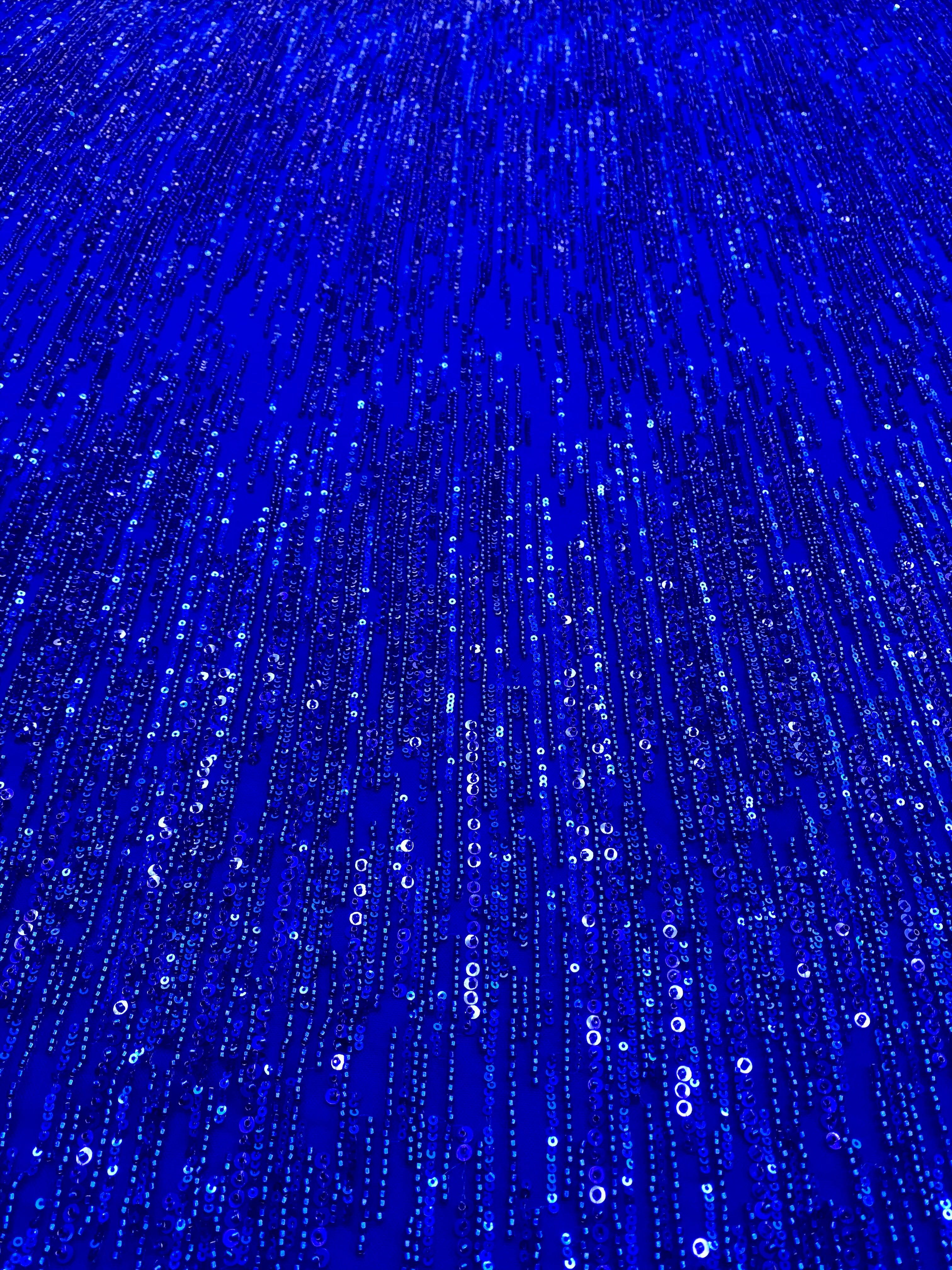 Royal Blue Couture Lace with Linear Pattern, Beads and Sequins