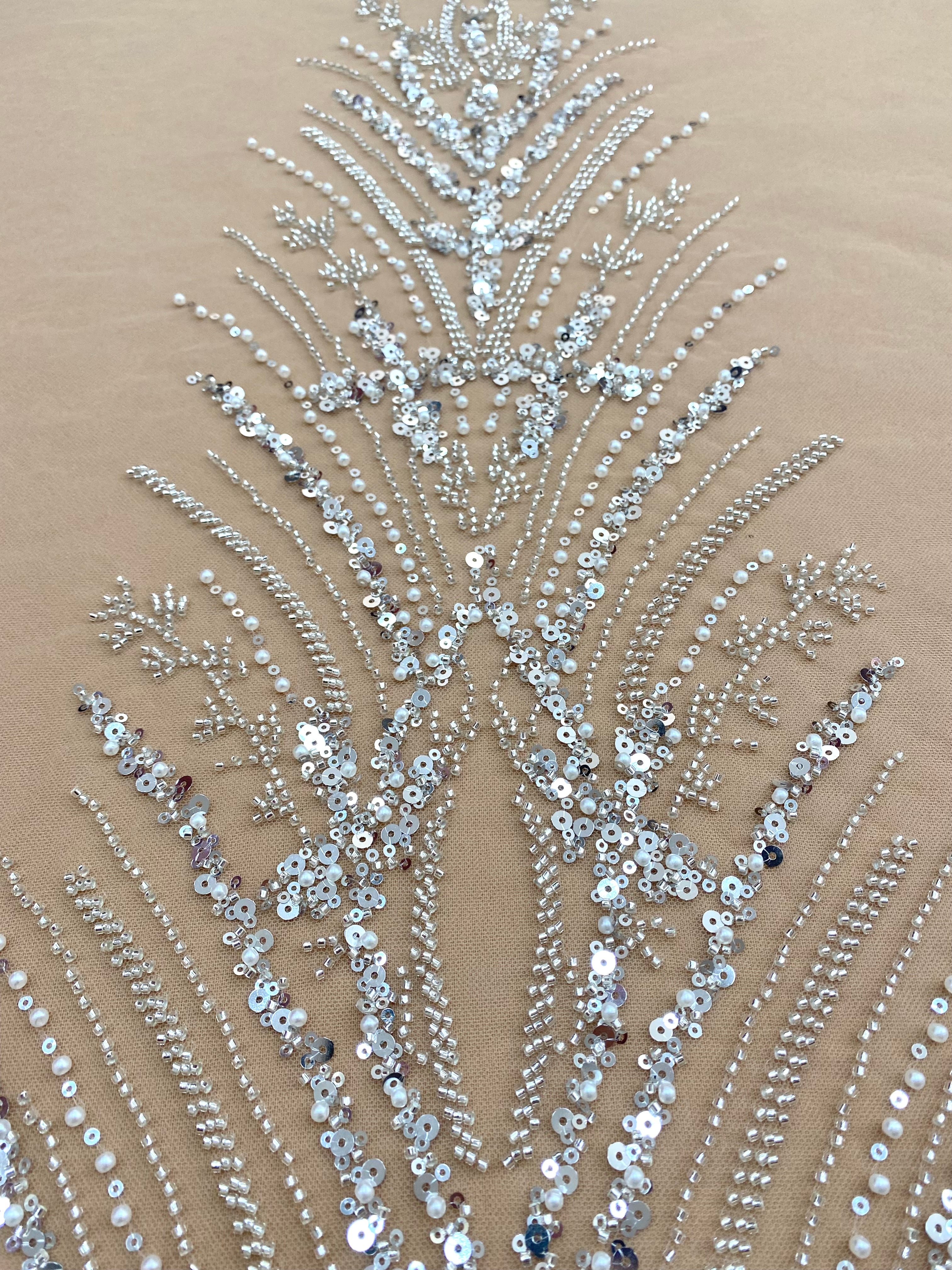 Silver Lace with Linear Pattern, with Pearls and Sequins