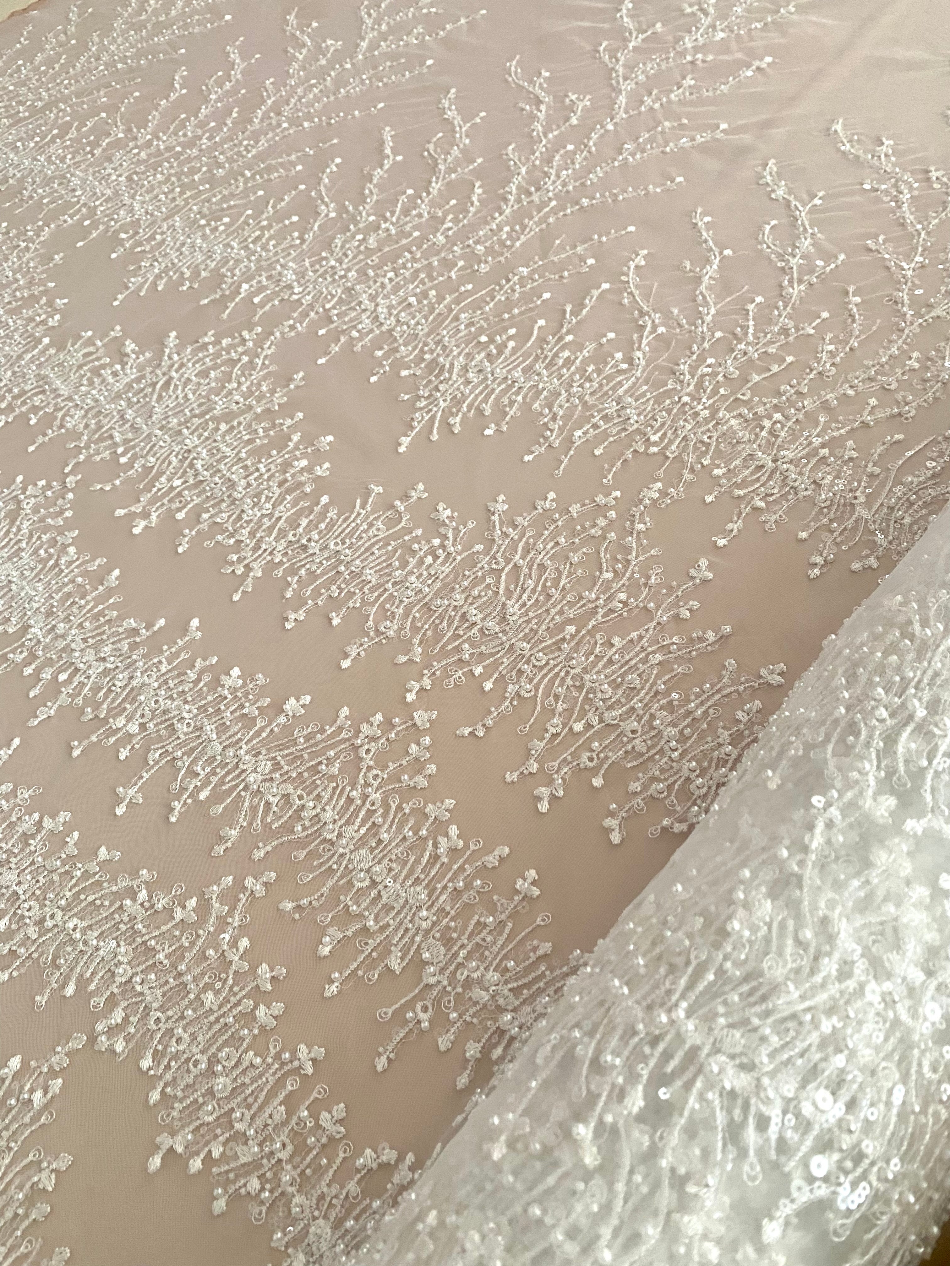 Silver Lace with Linear Pattern, with Pearls and Sequins