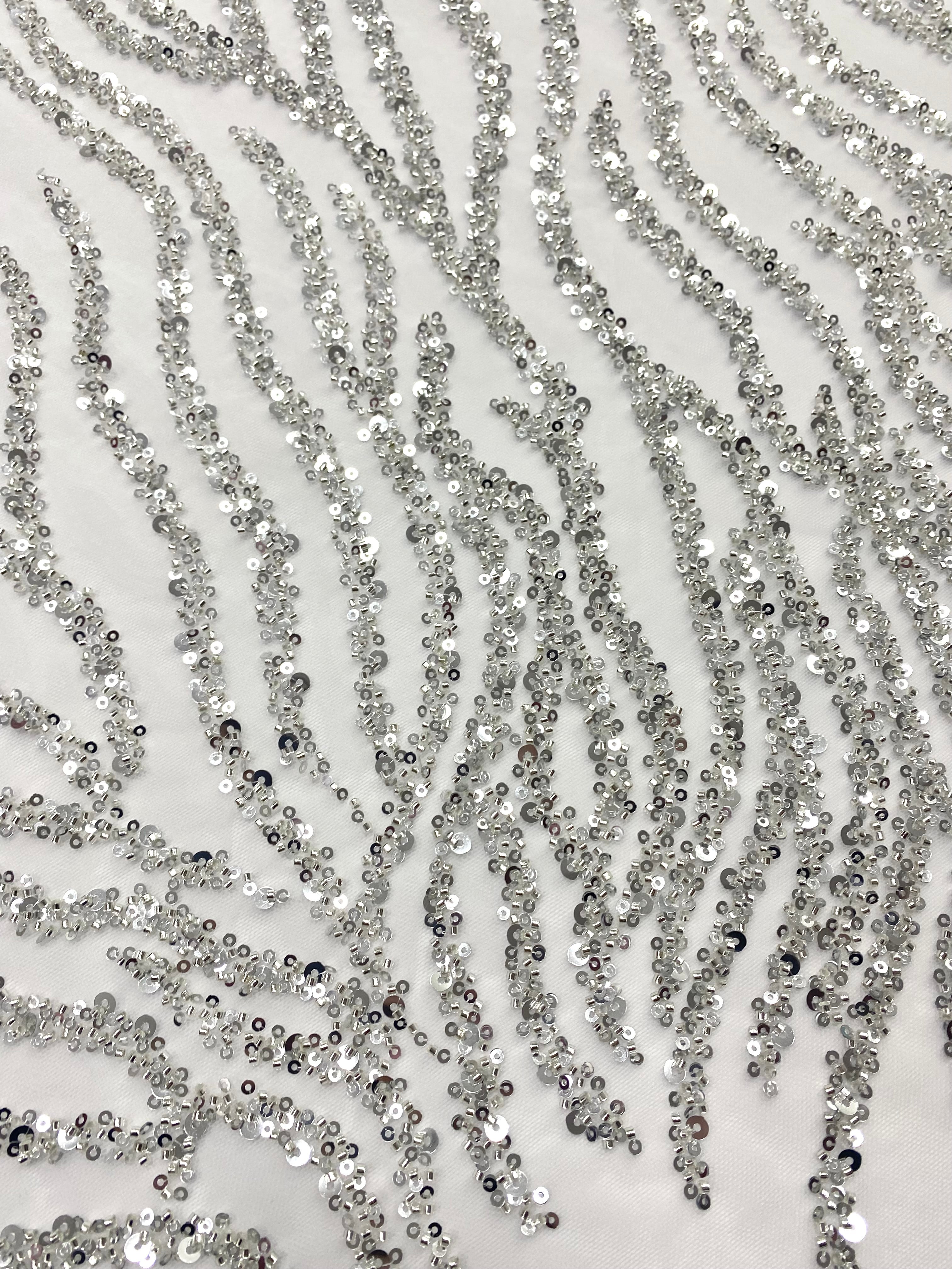 Silver Couture Lace on Ivory Tulle with Strings, Beads and Sequins