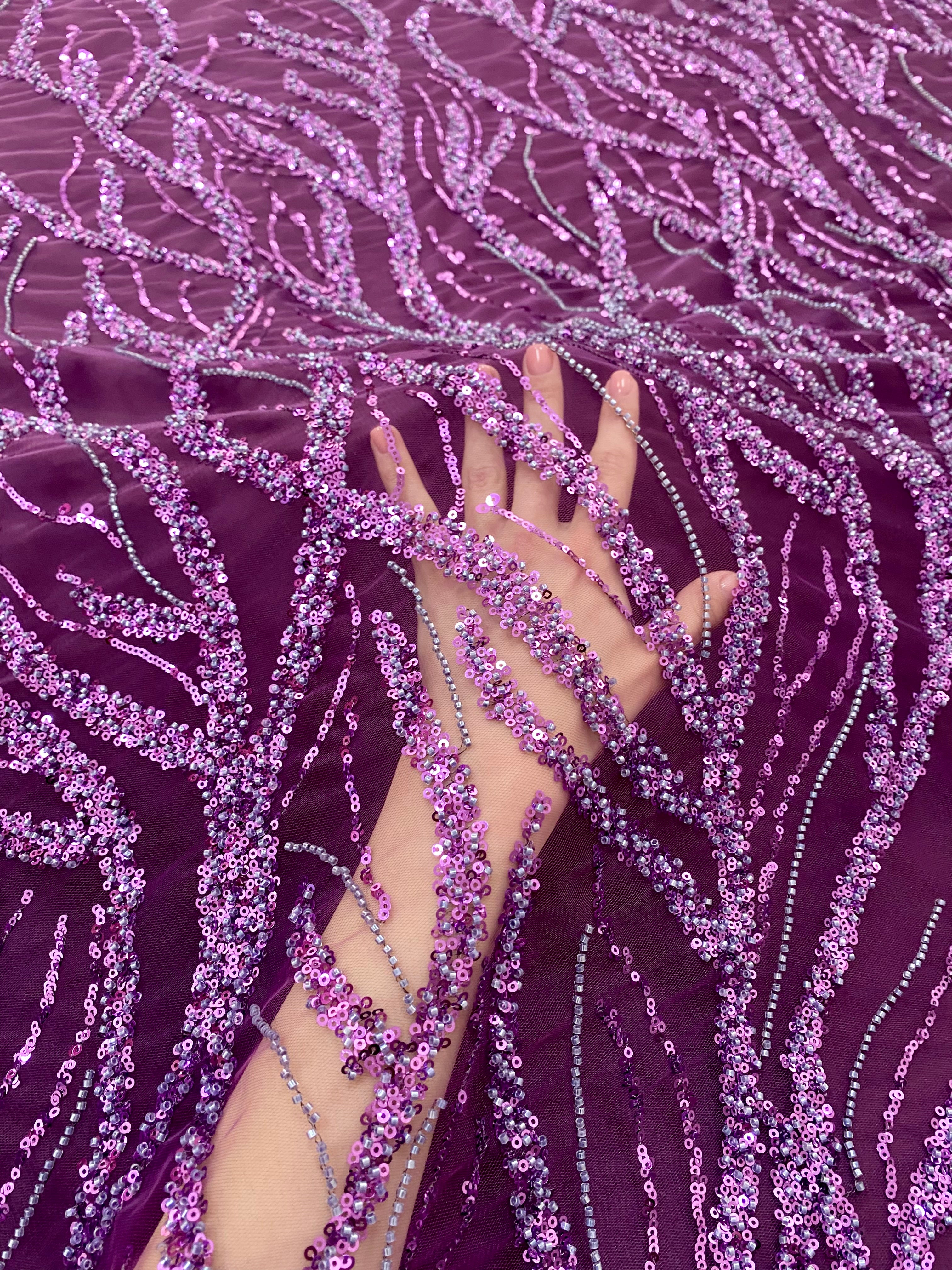 Dark Purple Couture Lace with Strings, Beads and Sequins 
