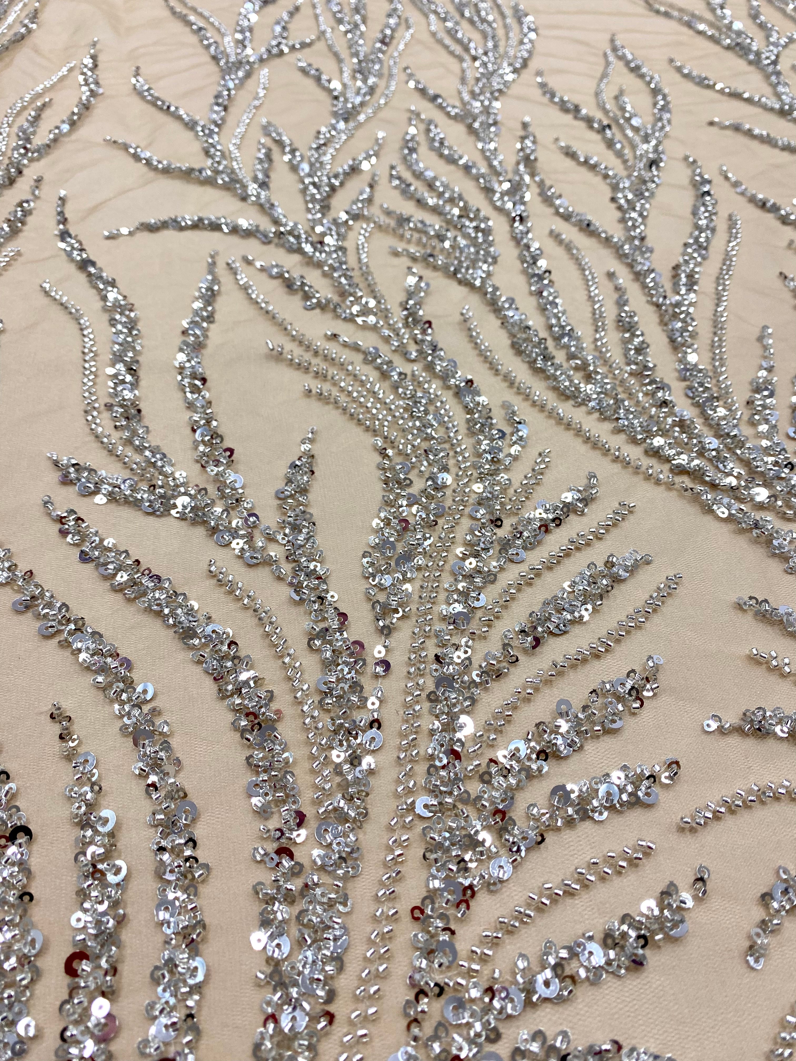 Silver Couture Lace on Nude Tulle with Strings, Beads and Sequins