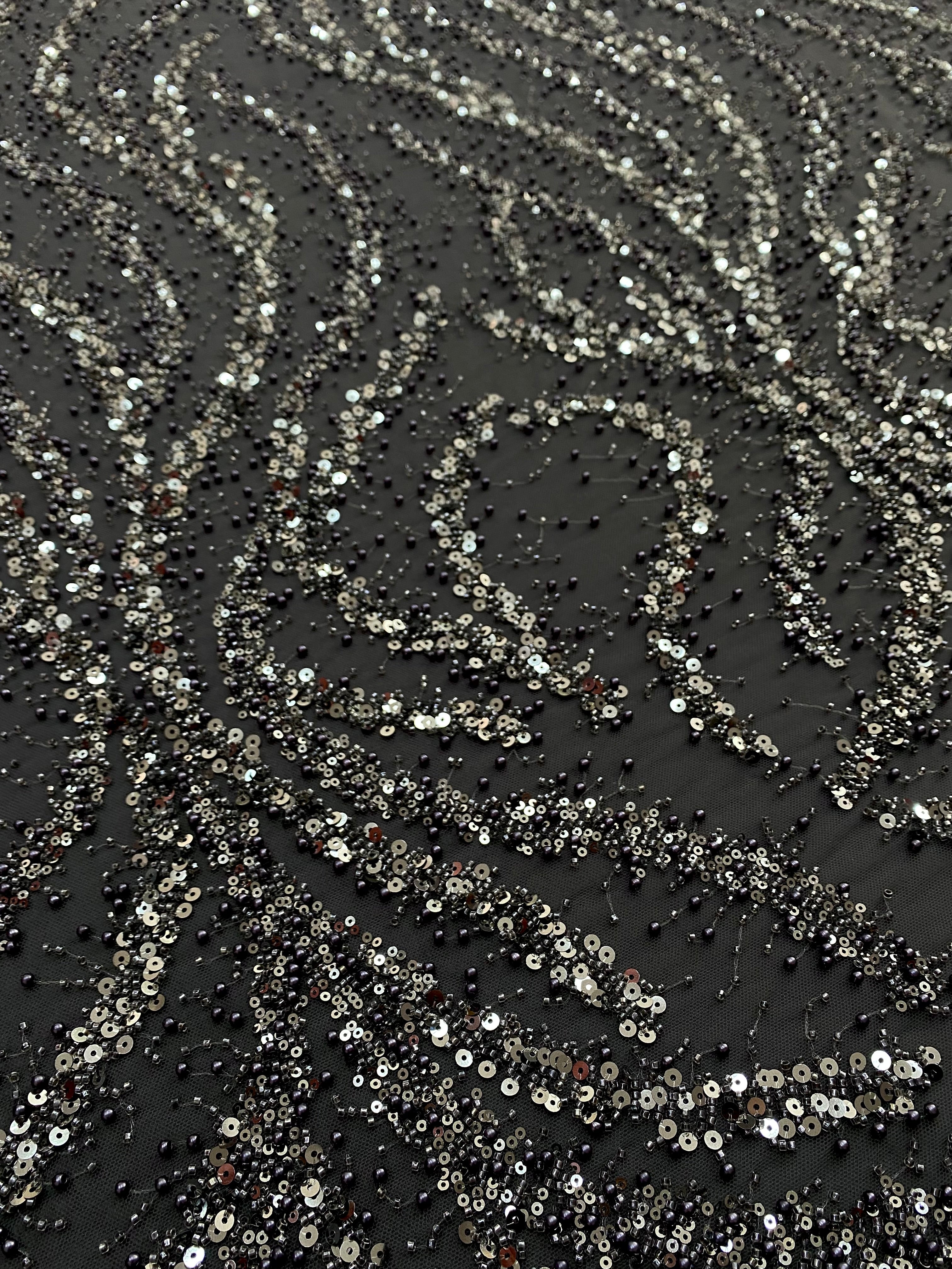 Dantela Couture Gri Antracit cu Perle, Margele si Paiete