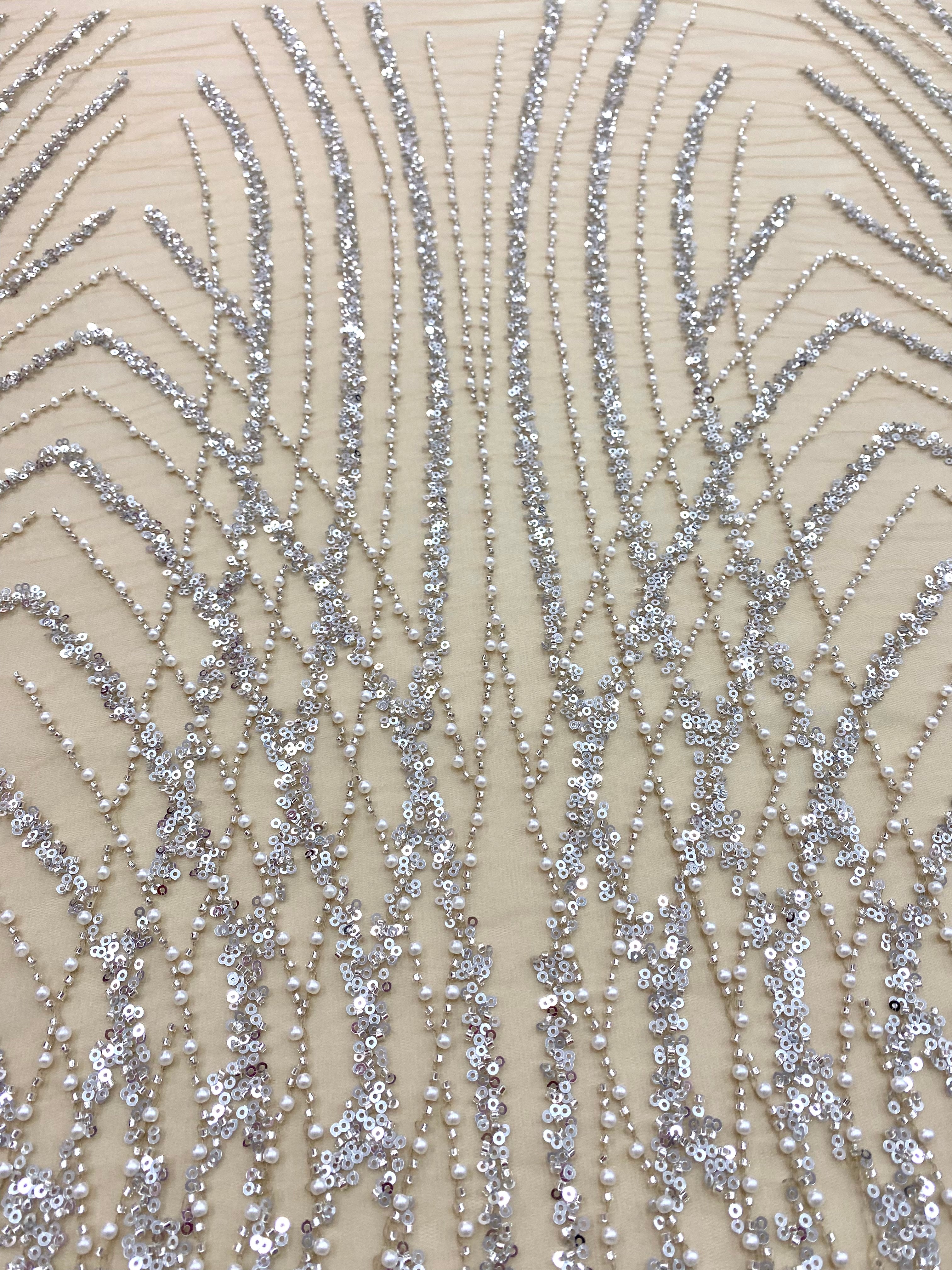 Silver Couture Lace on Nude Tulle with Panel, with Pearls, Beads and Sequins