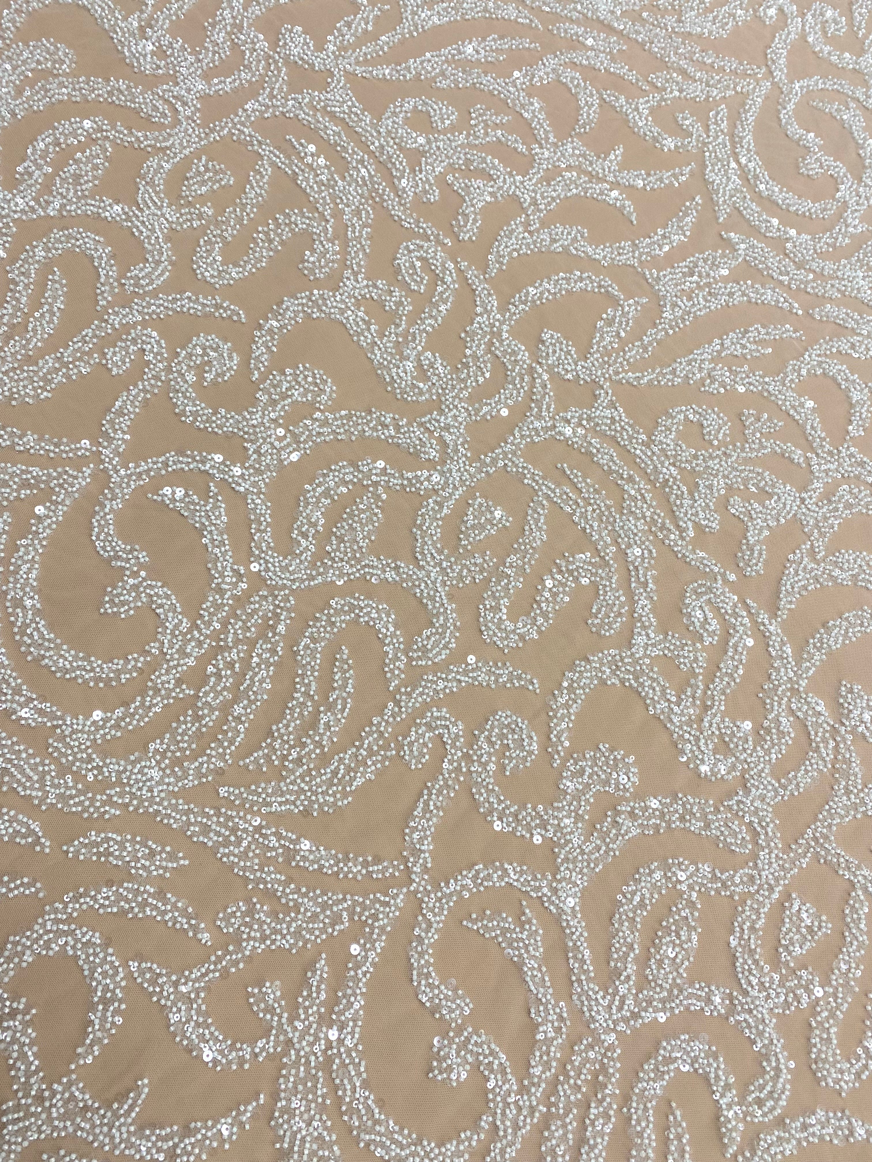 Dantela Couture Ivory cu Model Geometric, cu Margele si Paiete