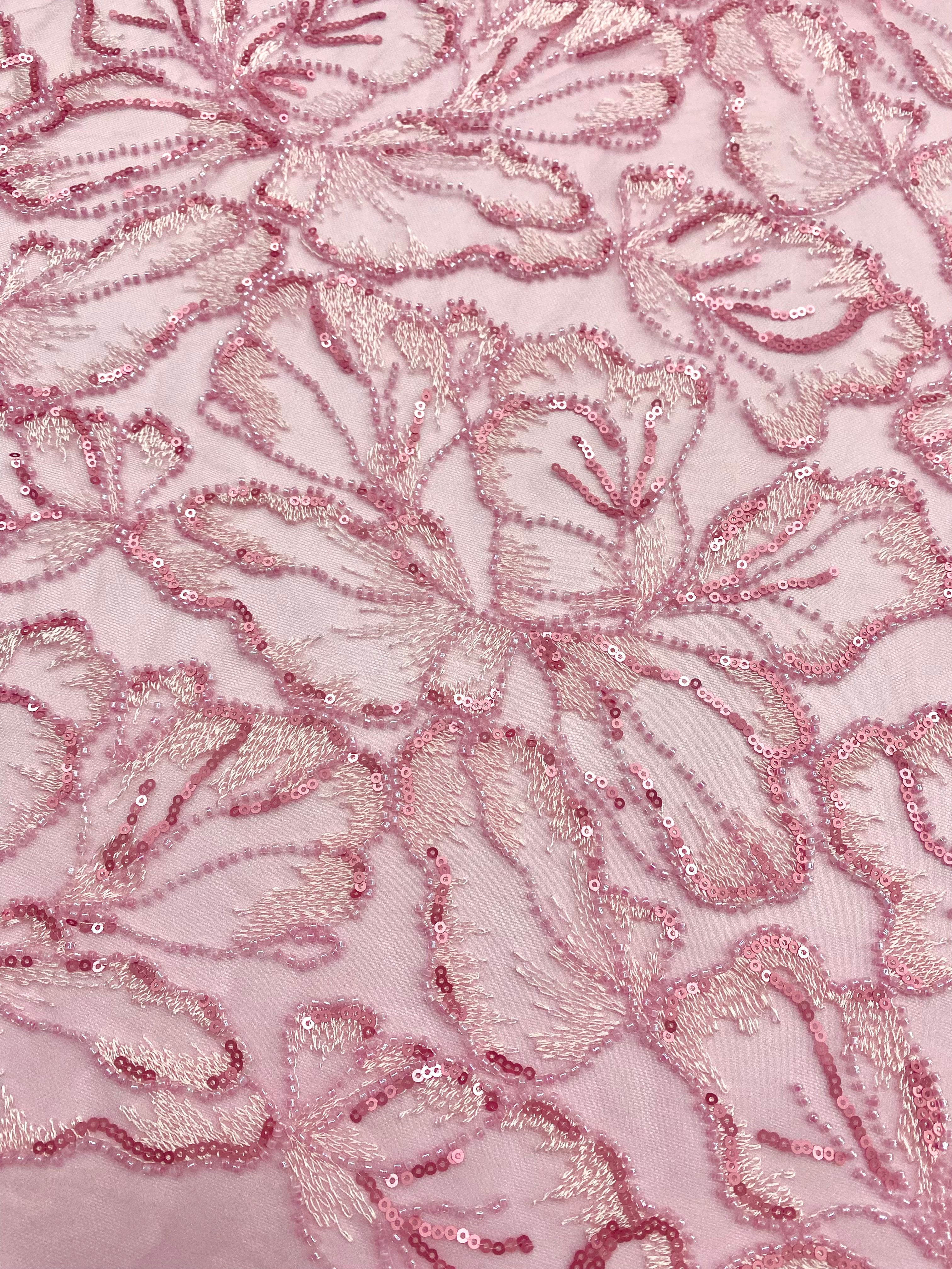 Pink Couture Lace with Floral Pattern, with Beads and Sequins