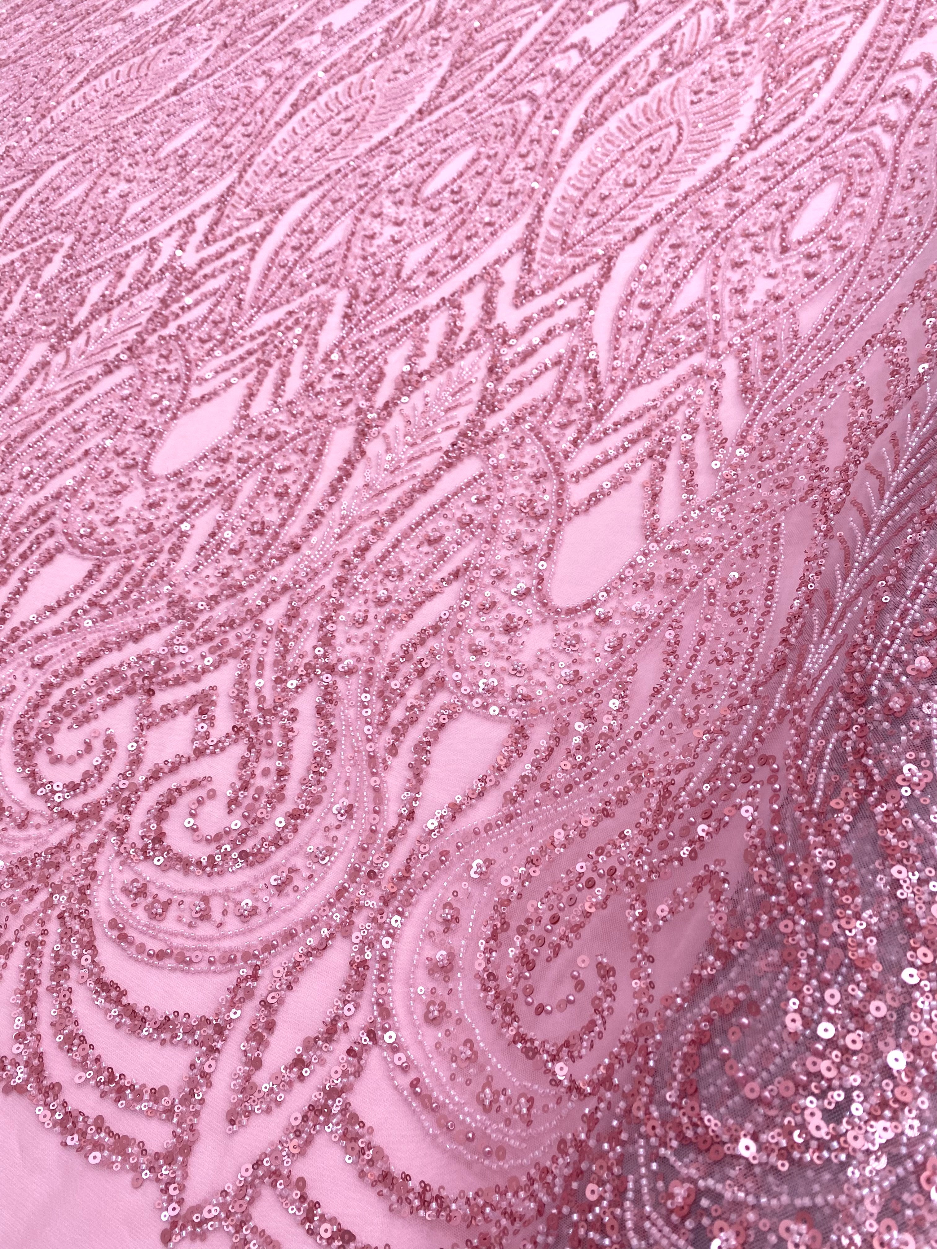 Dantela Couture Roz cu Model Geometric, cu Perle, Margele si Paiete