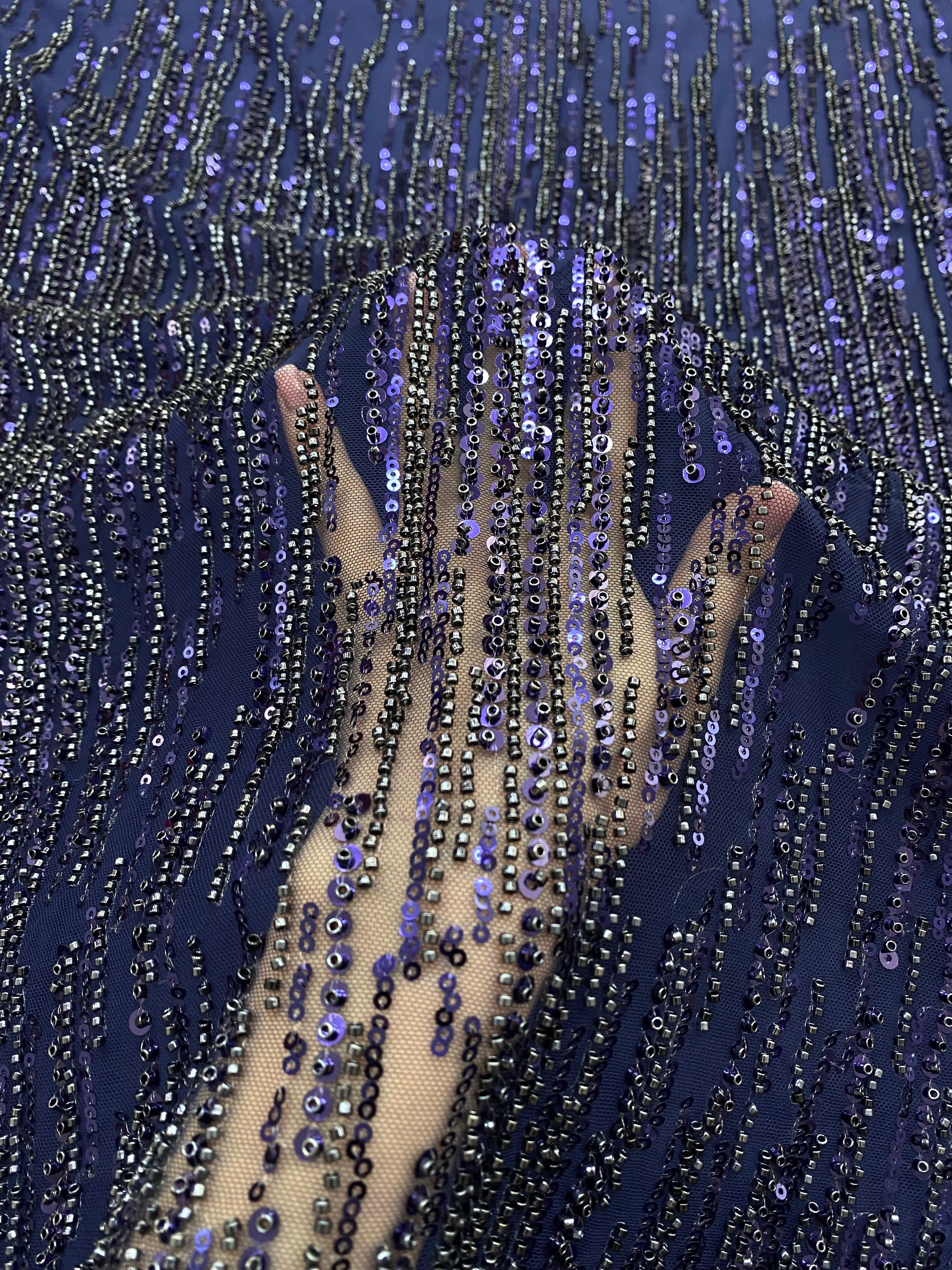 Navy Blue Couture Lace with Linear Pattern, Beads and Sequins