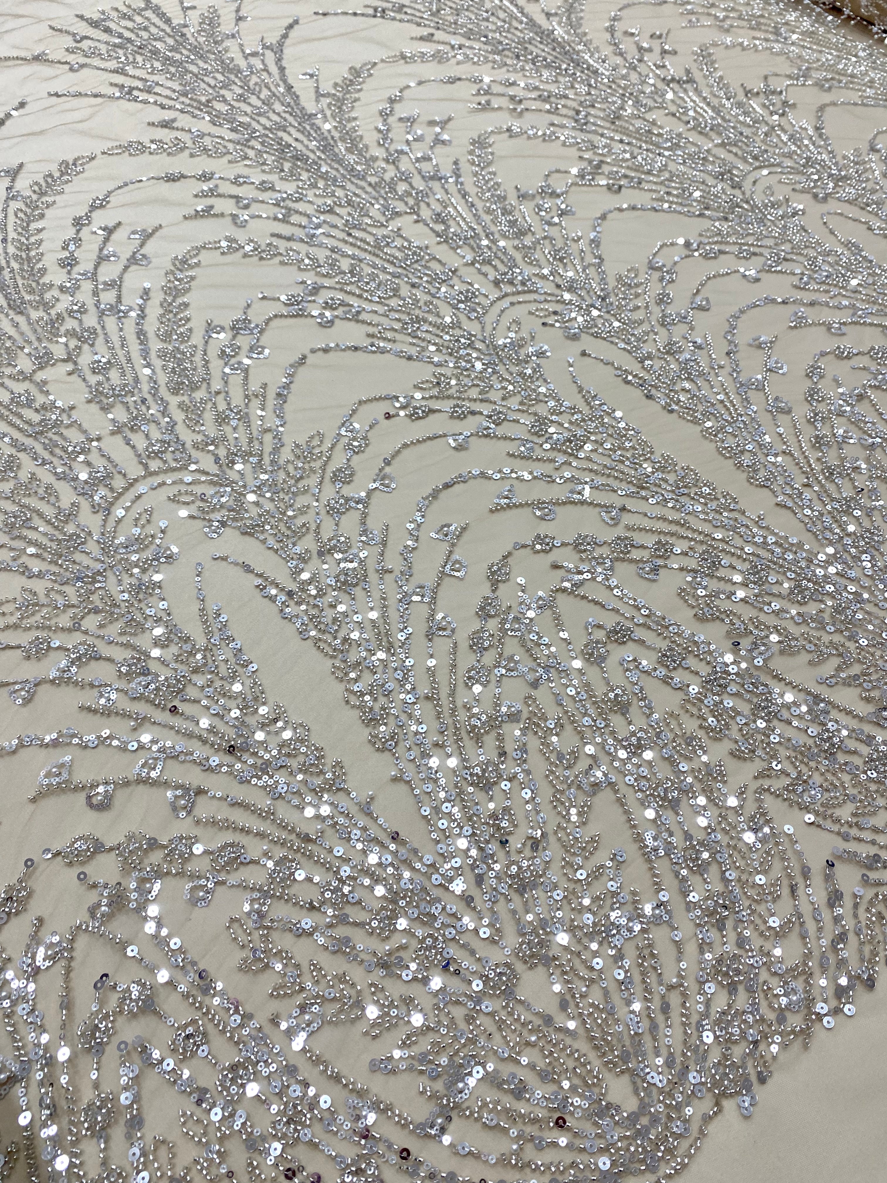 Silver Lace with Geometric Pattern, with Beads and Sequins