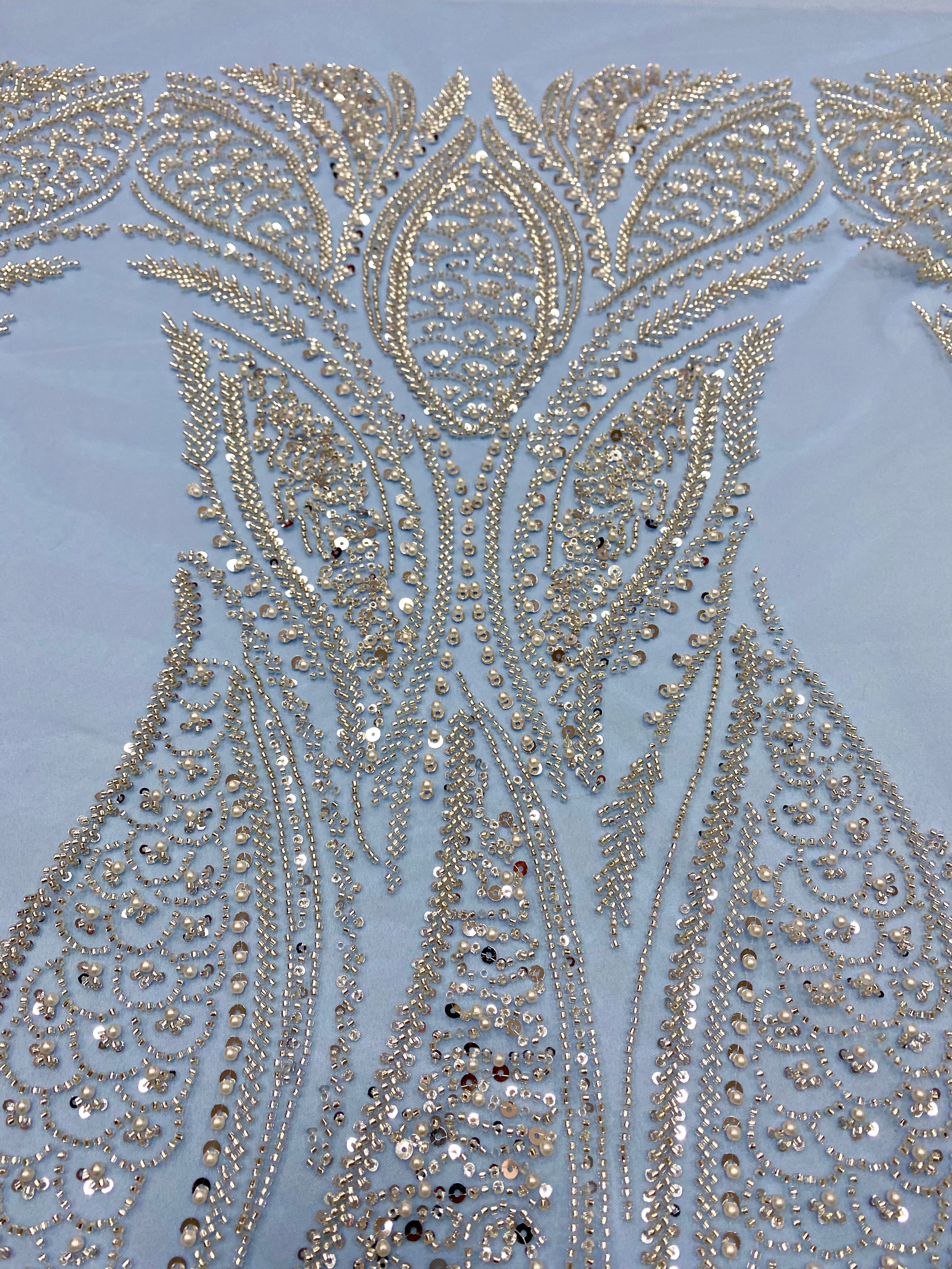Silver Lace with Linear Pattern, with Pearls and Sequins