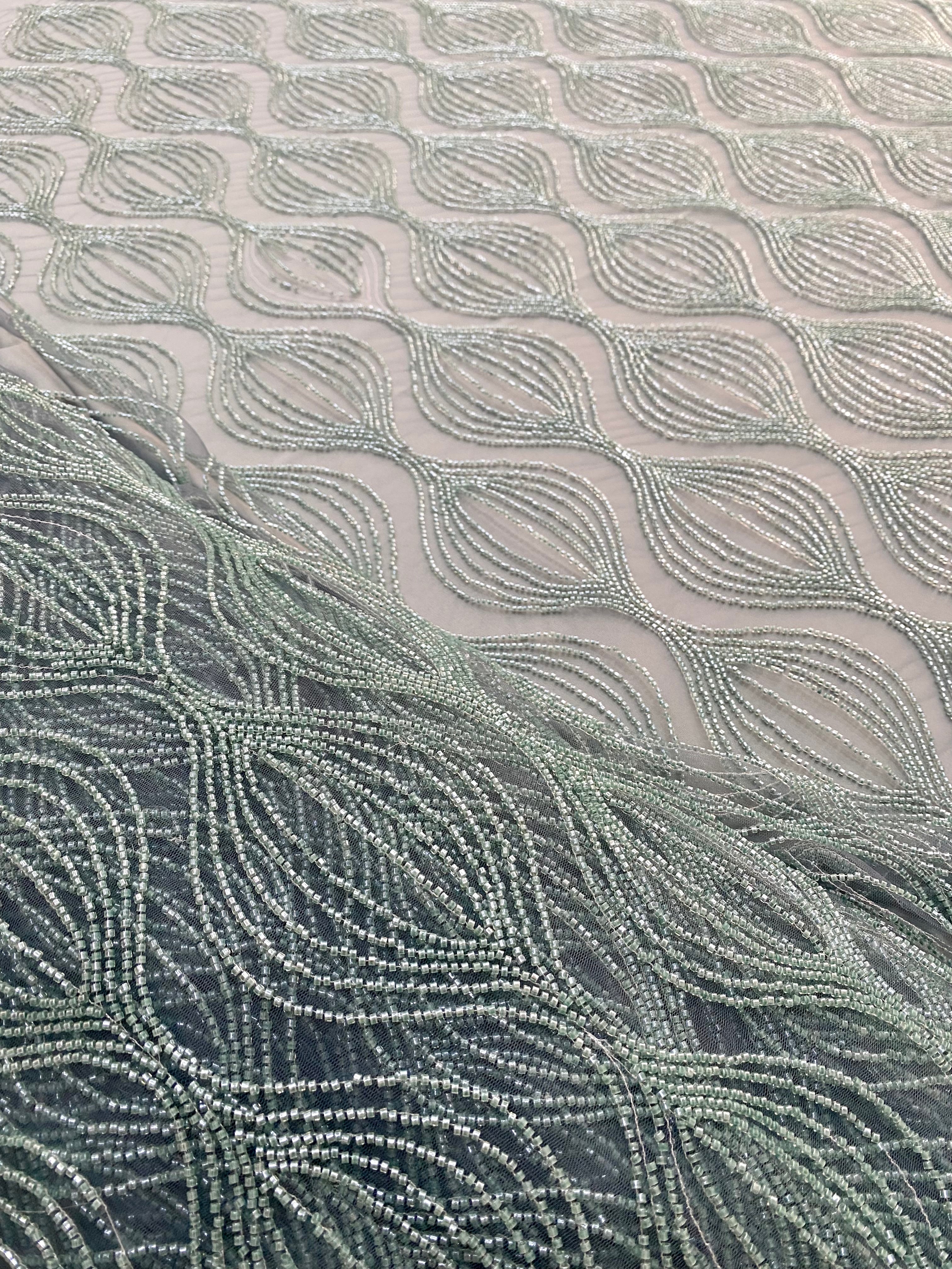 Dantela Couture Verde Ou de Rata cu Model Geometric, cu Margele