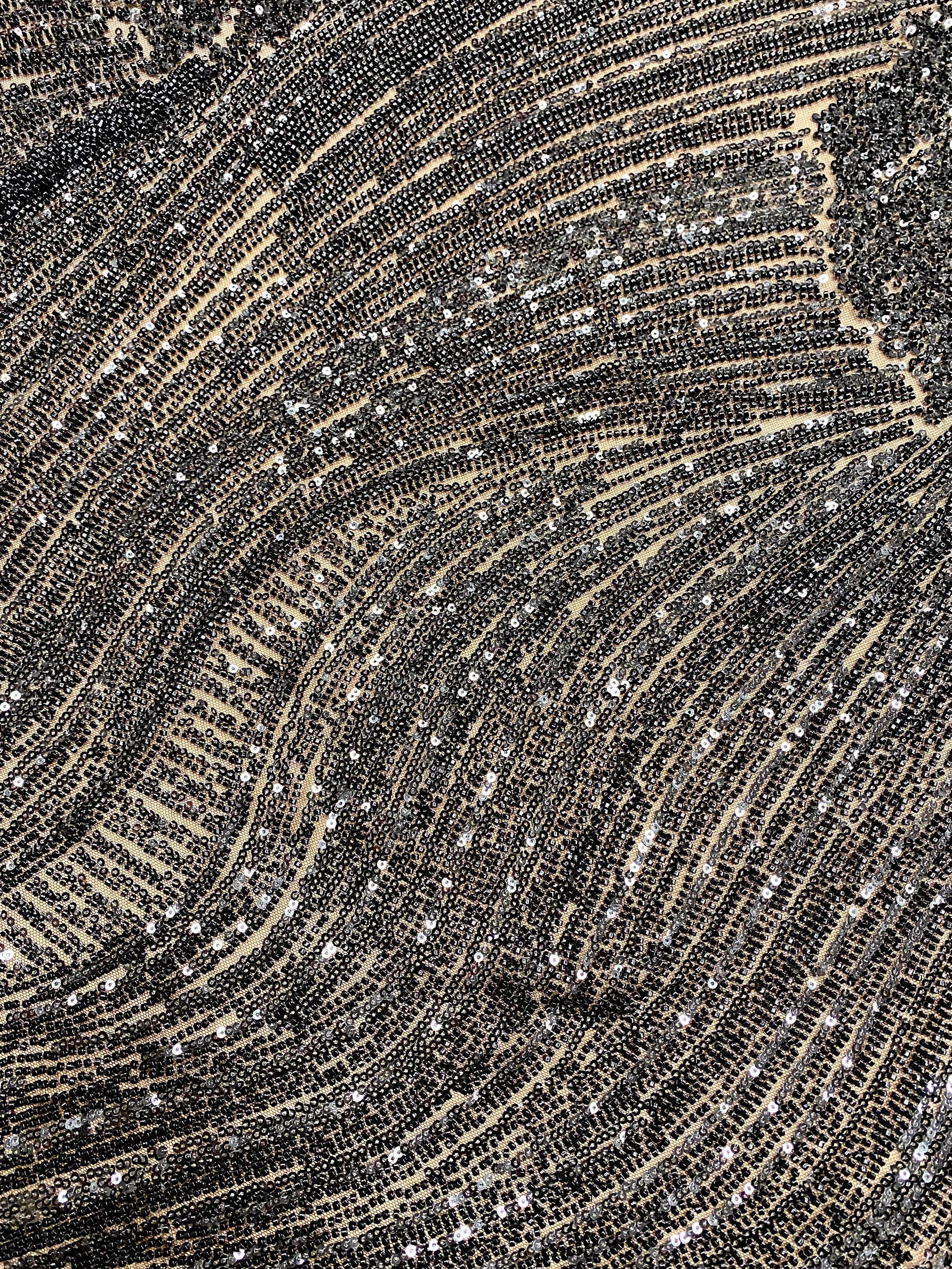 Black Couture Lace with Geometric Pattern, Beads and Sequins