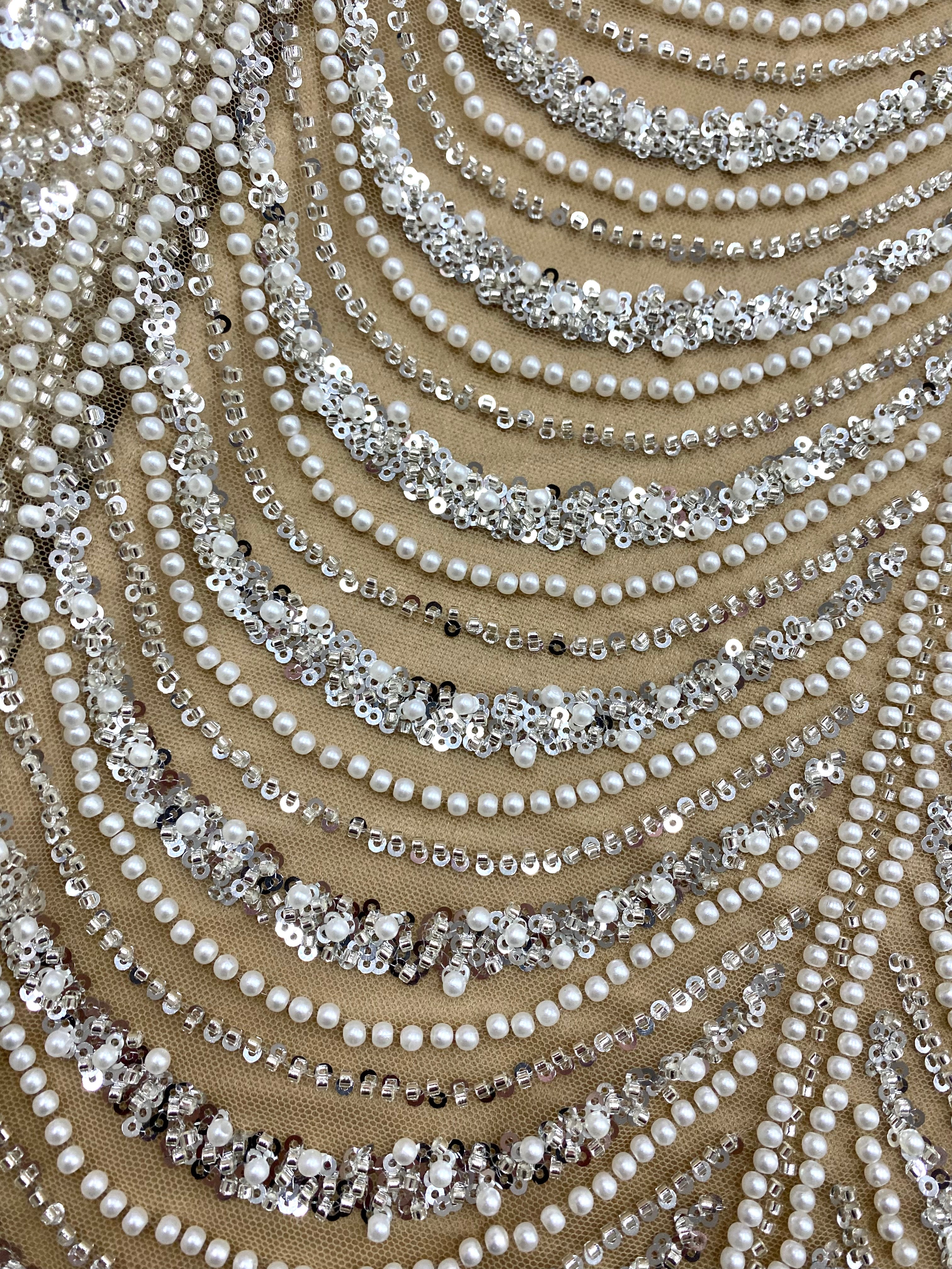 Silver Lace with Linear Pattern, with Pearls and Sequins