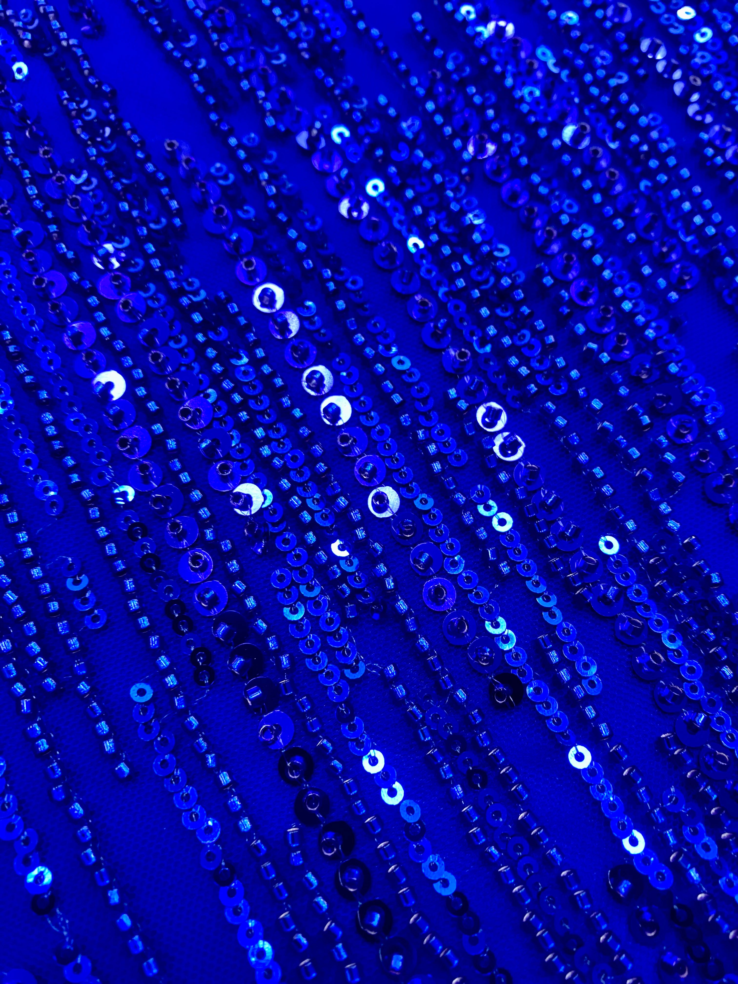 Royal Blue Couture Lace with Linear Pattern, Beads and Sequins