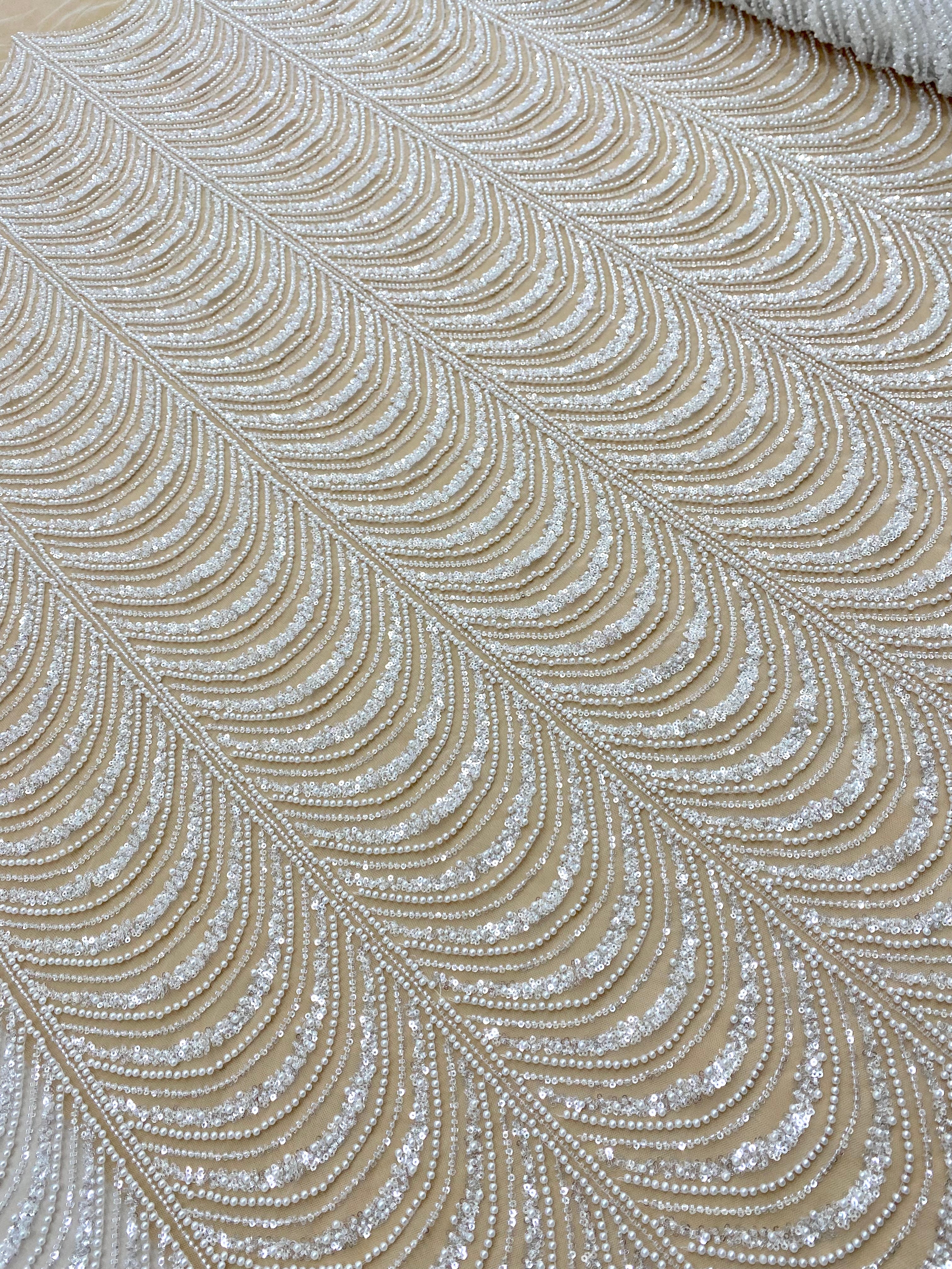 Silver Lace with Linear Pattern, with Pearls and Sequins