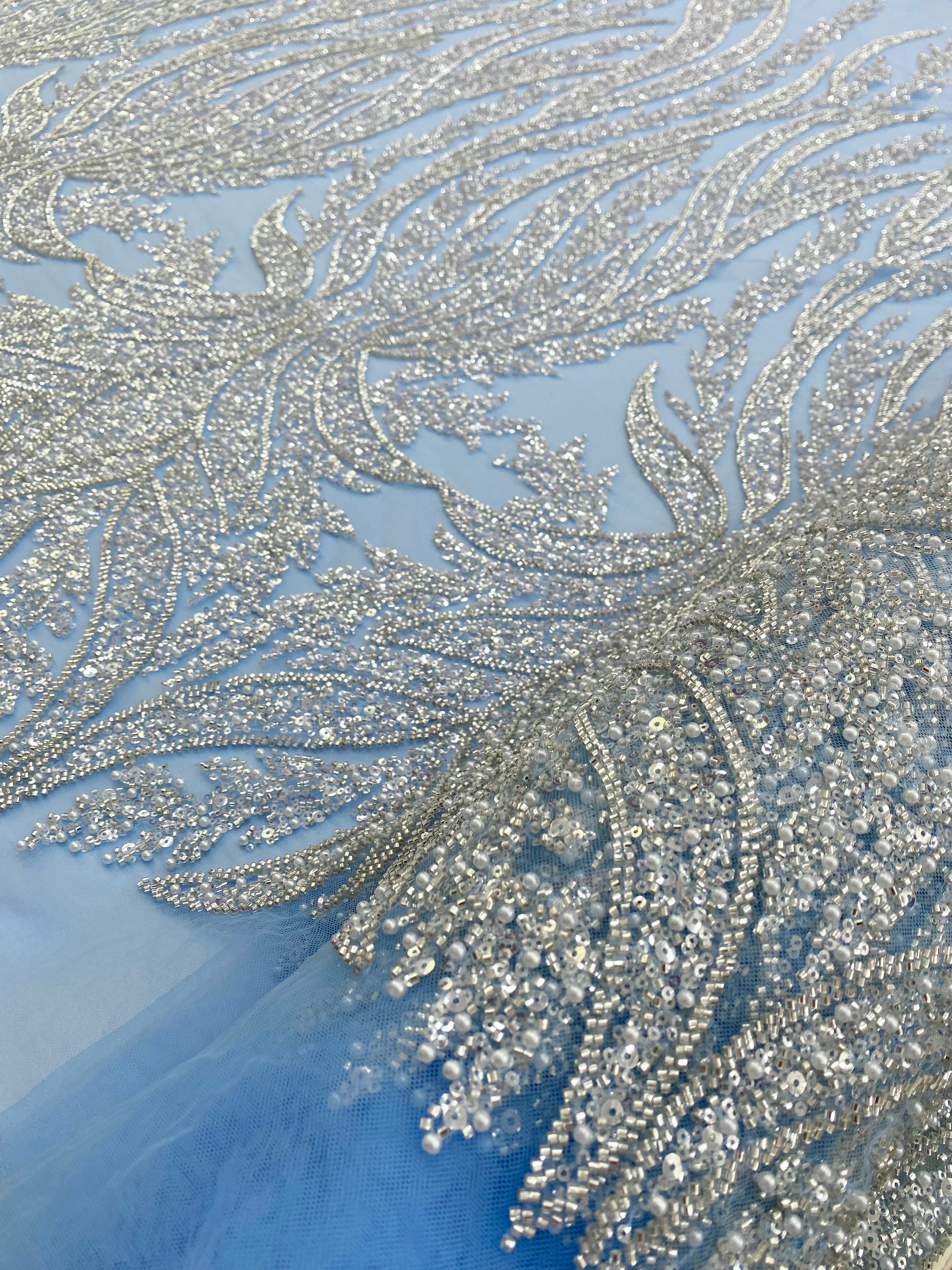 Silver Couture Lace on Blue Tulle with Panel, with Pearls, Beads and Sequins