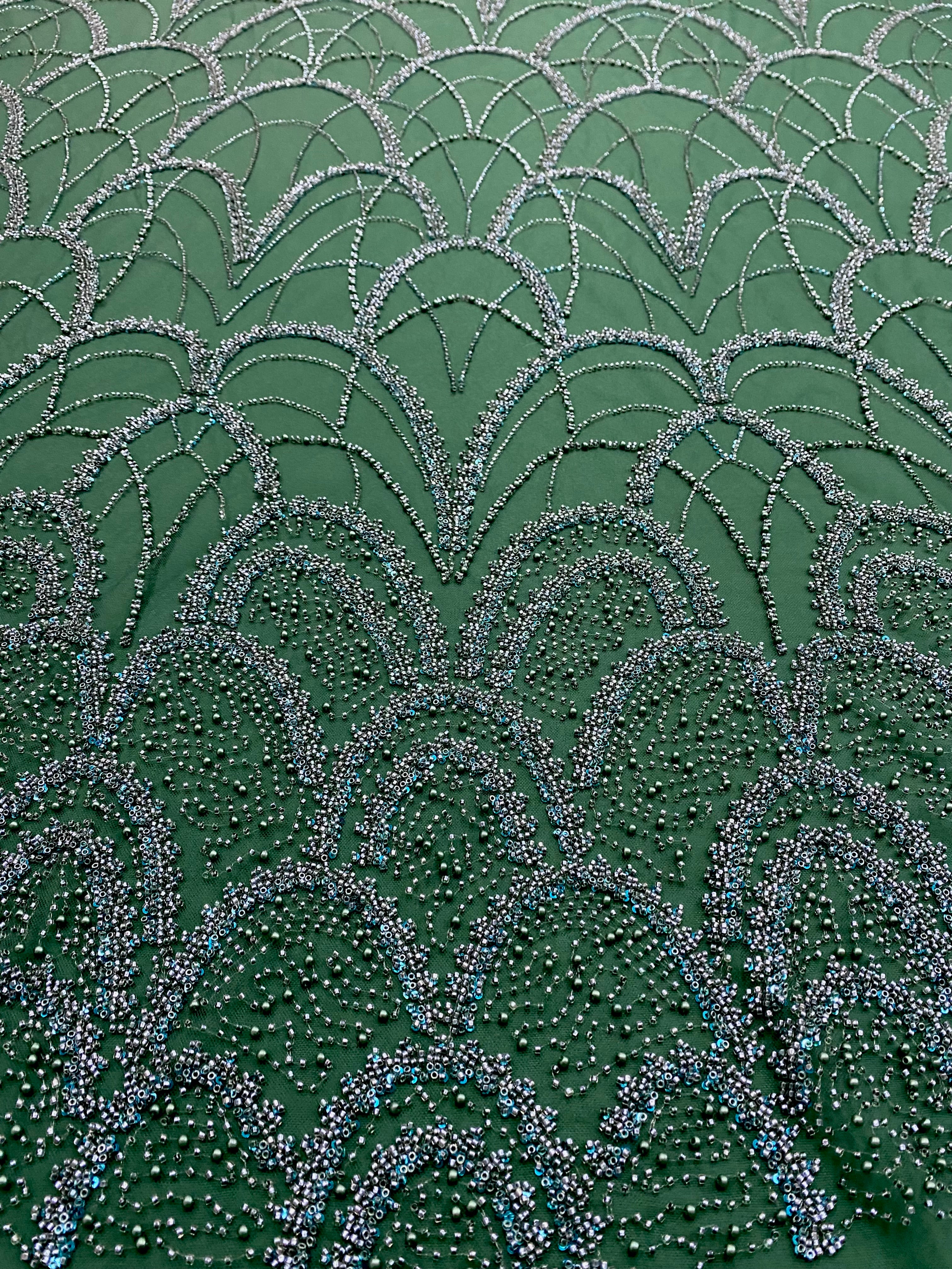 Dantela Couture Verde Smarald cu Model Geometric, cu Perle, Margele si Paiete