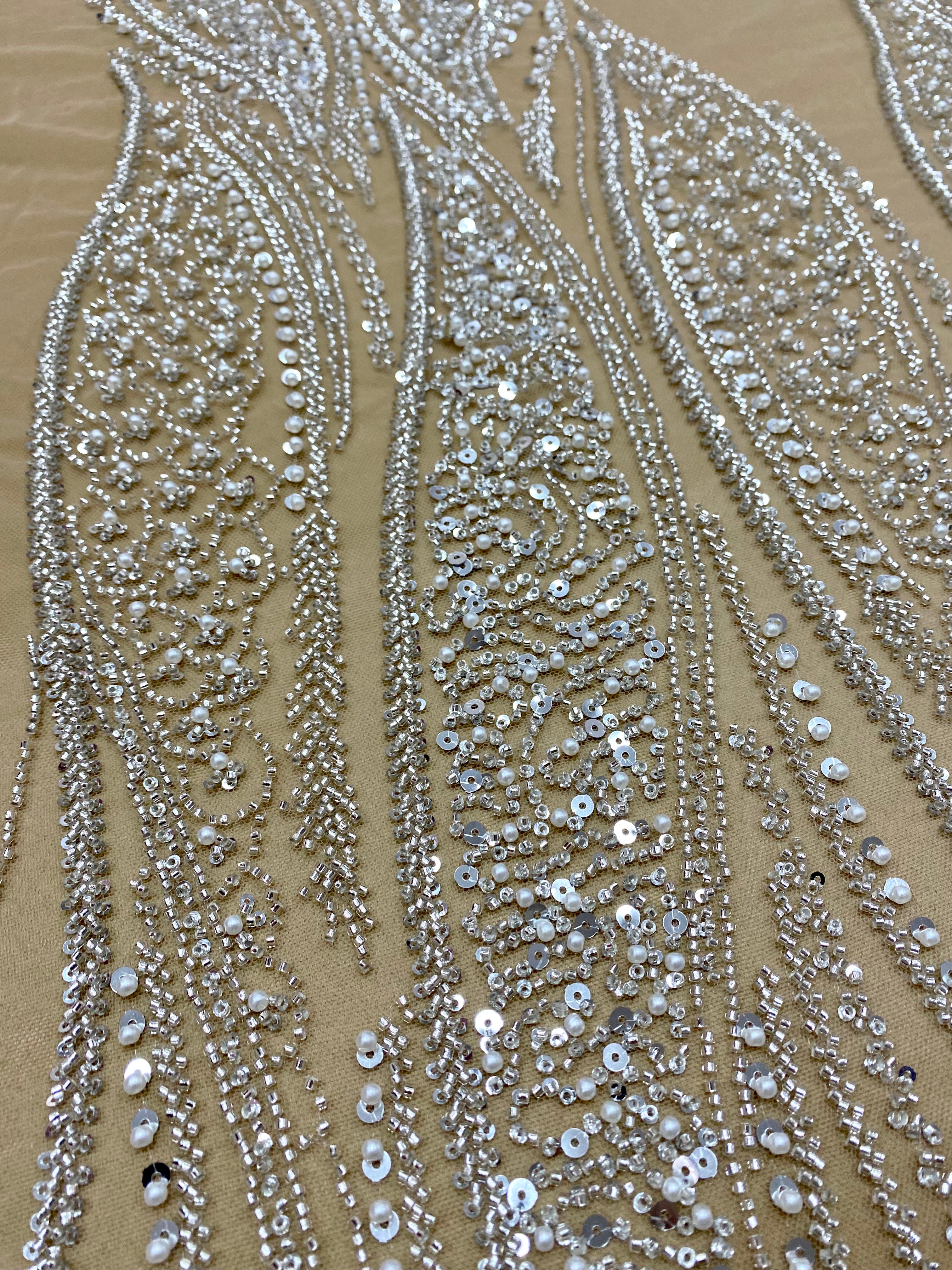 Silver Lace with Linear Pattern, with Pearls and Sequins