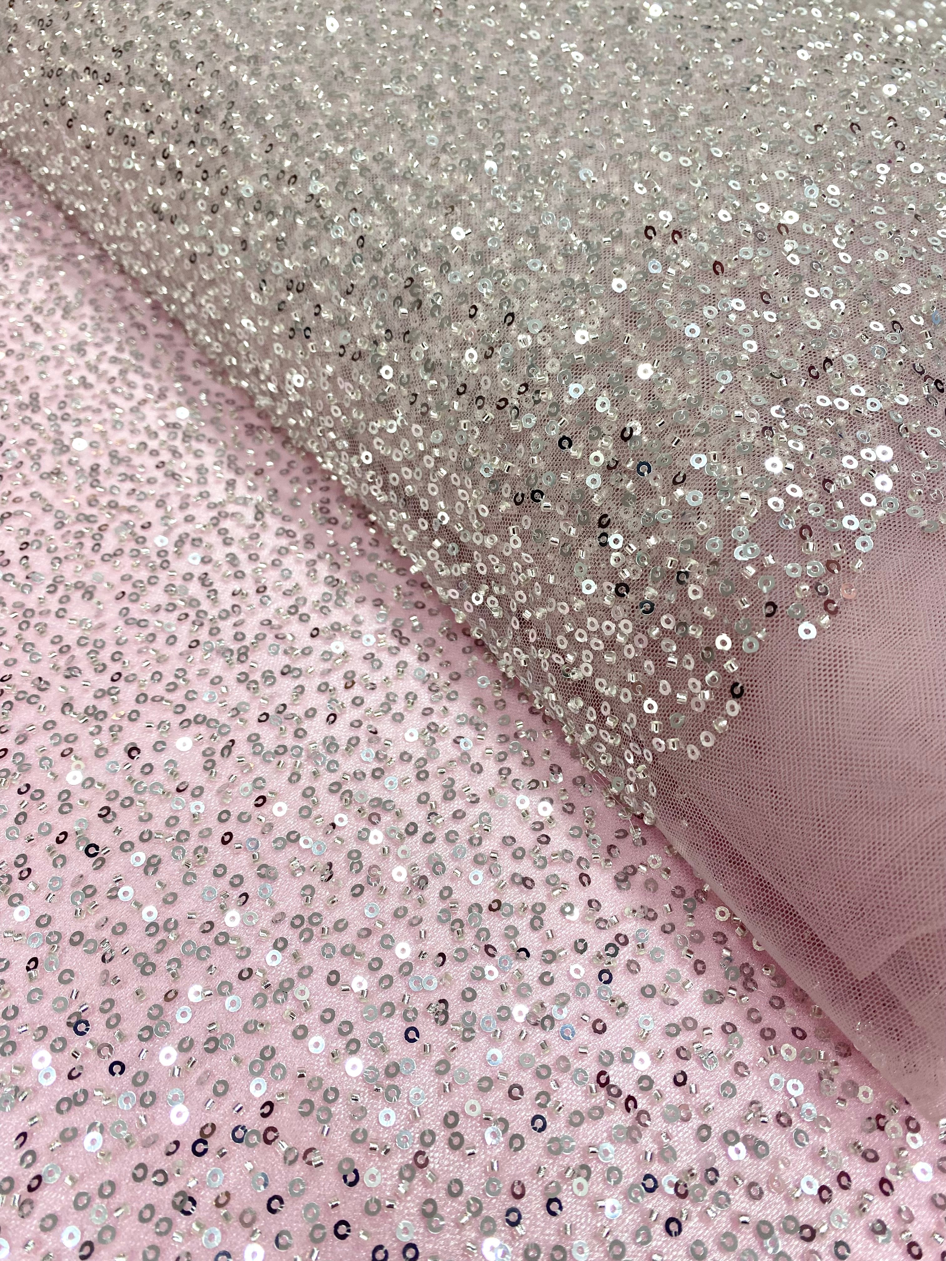 Silver Couture Lace on Pink Tulle with General Pattern, with Beads and Sequins