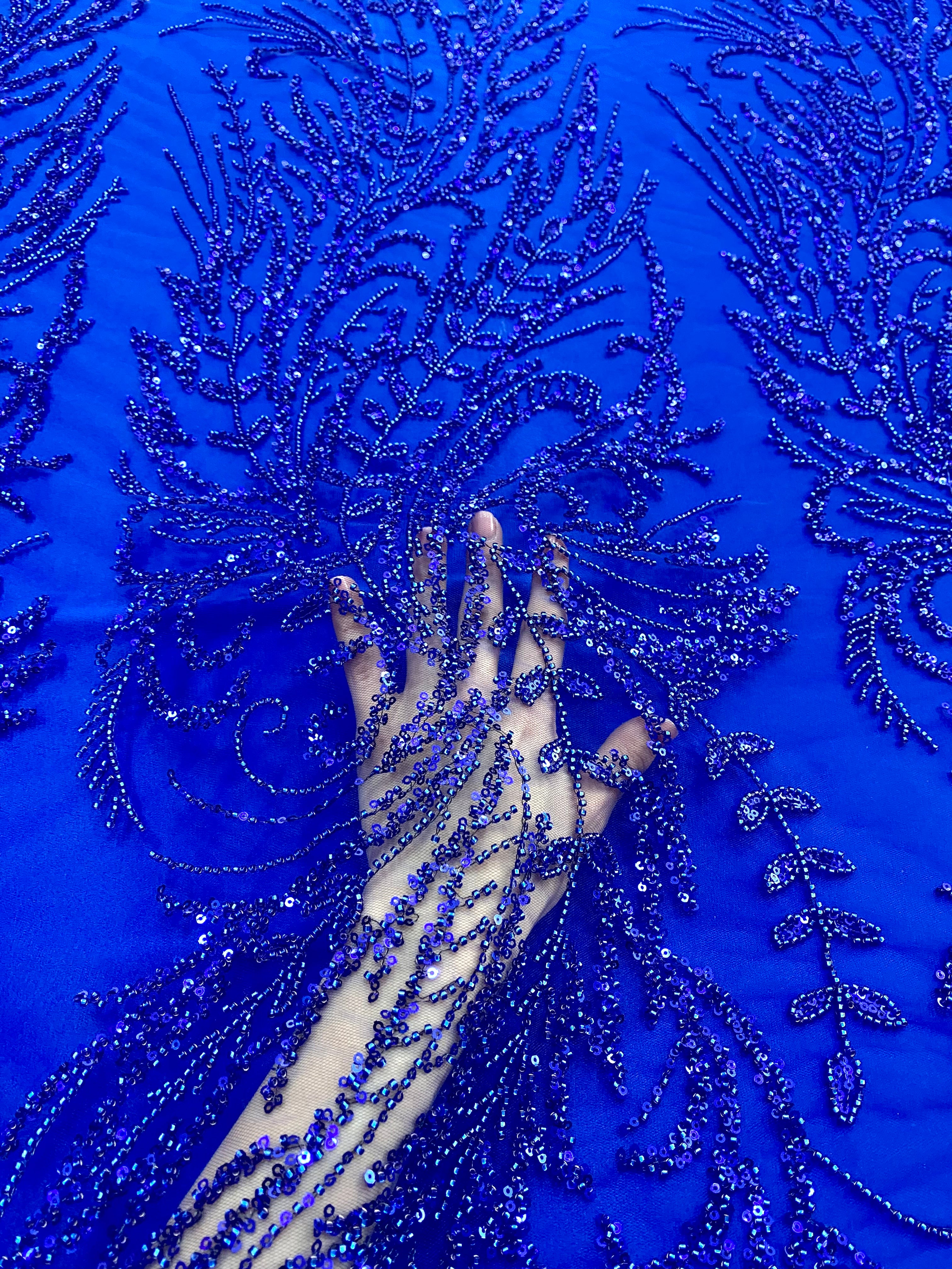 Royal Blue Couture Lace with Floral Pattern, Beads and Sequins