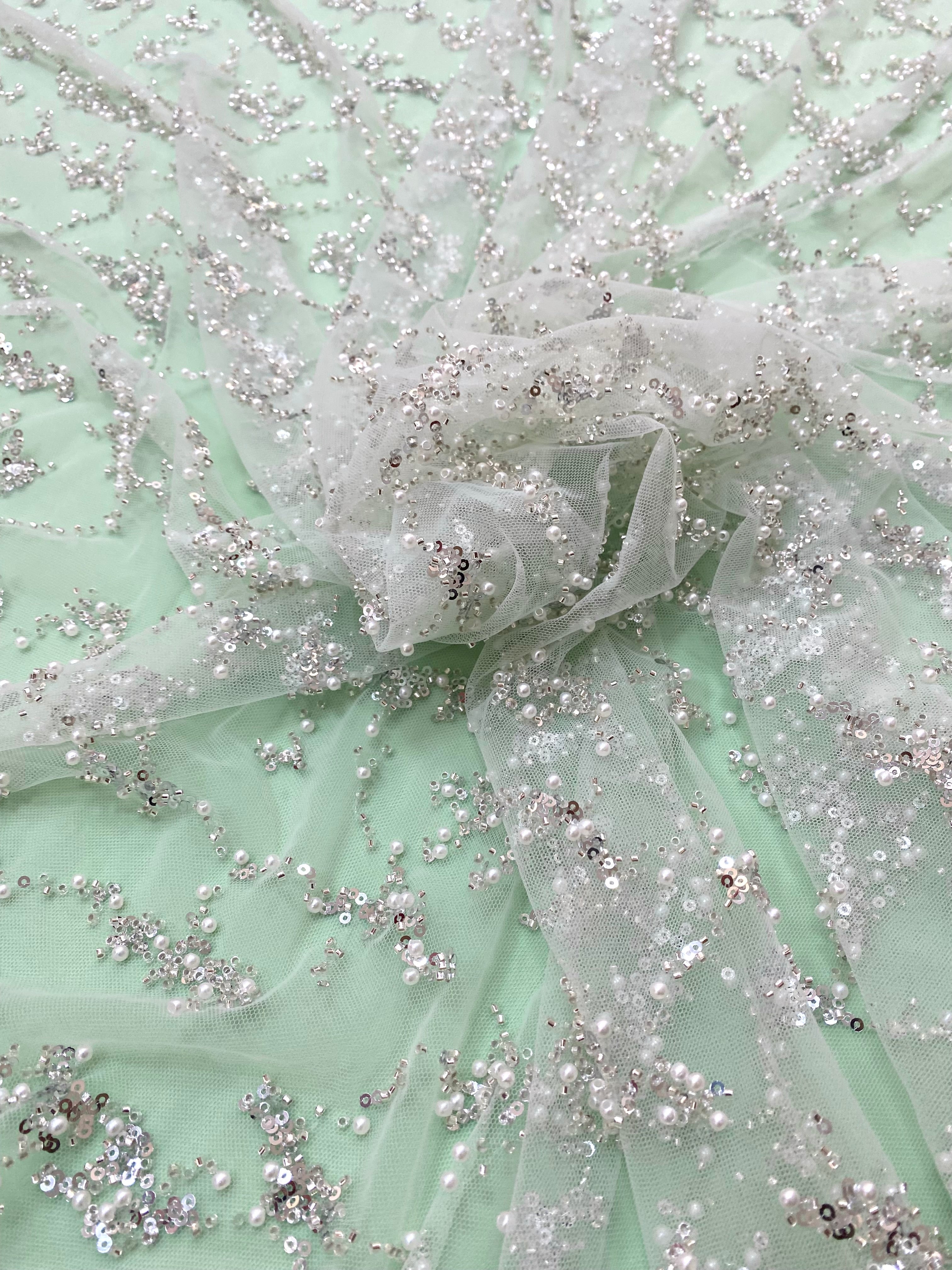 Silver Couture Lace on Mint Green Tulle with Pearls, Beads and Sequins