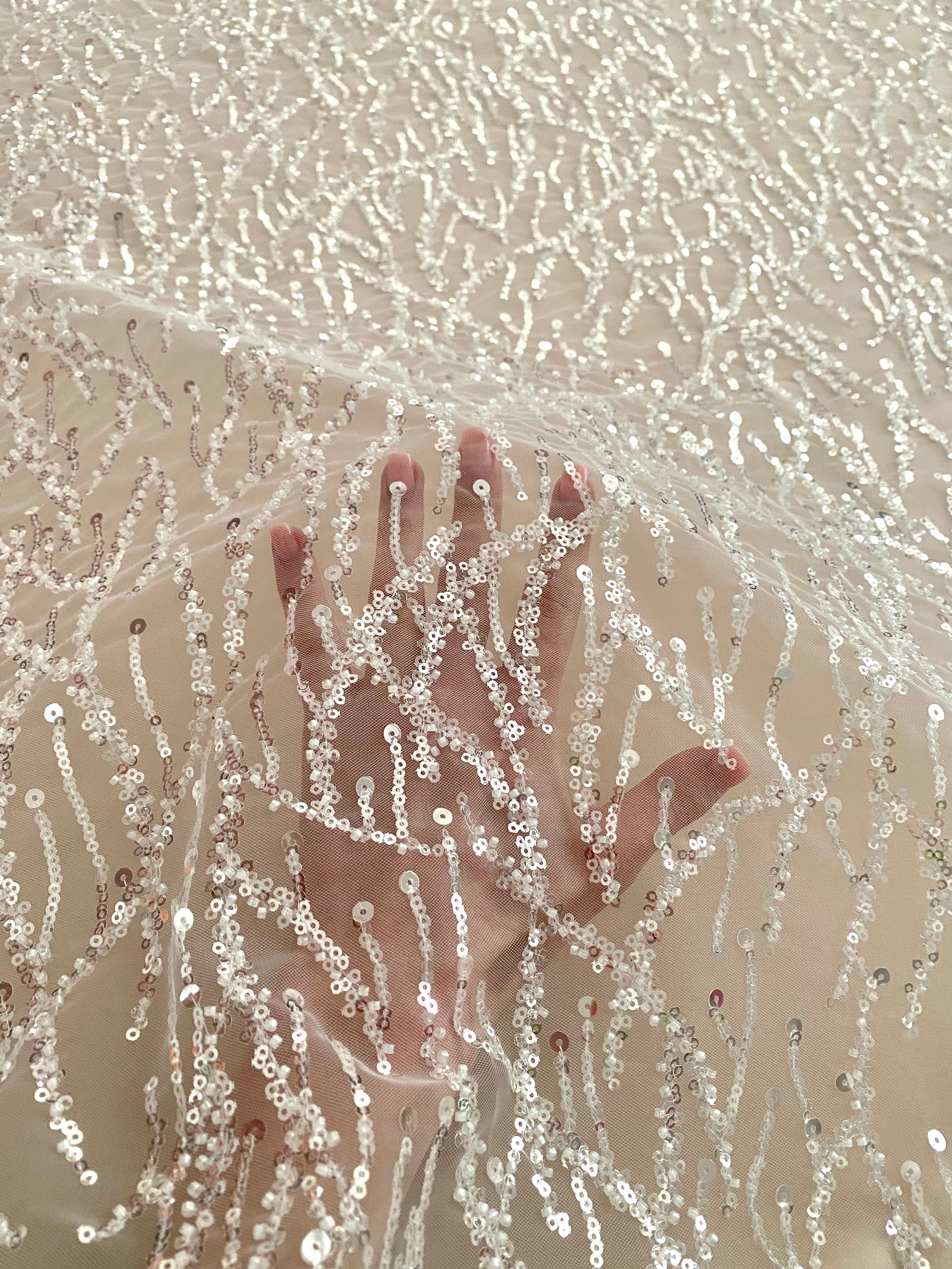 Silver Lace with Linear Pattern, with Pearls and Sequins