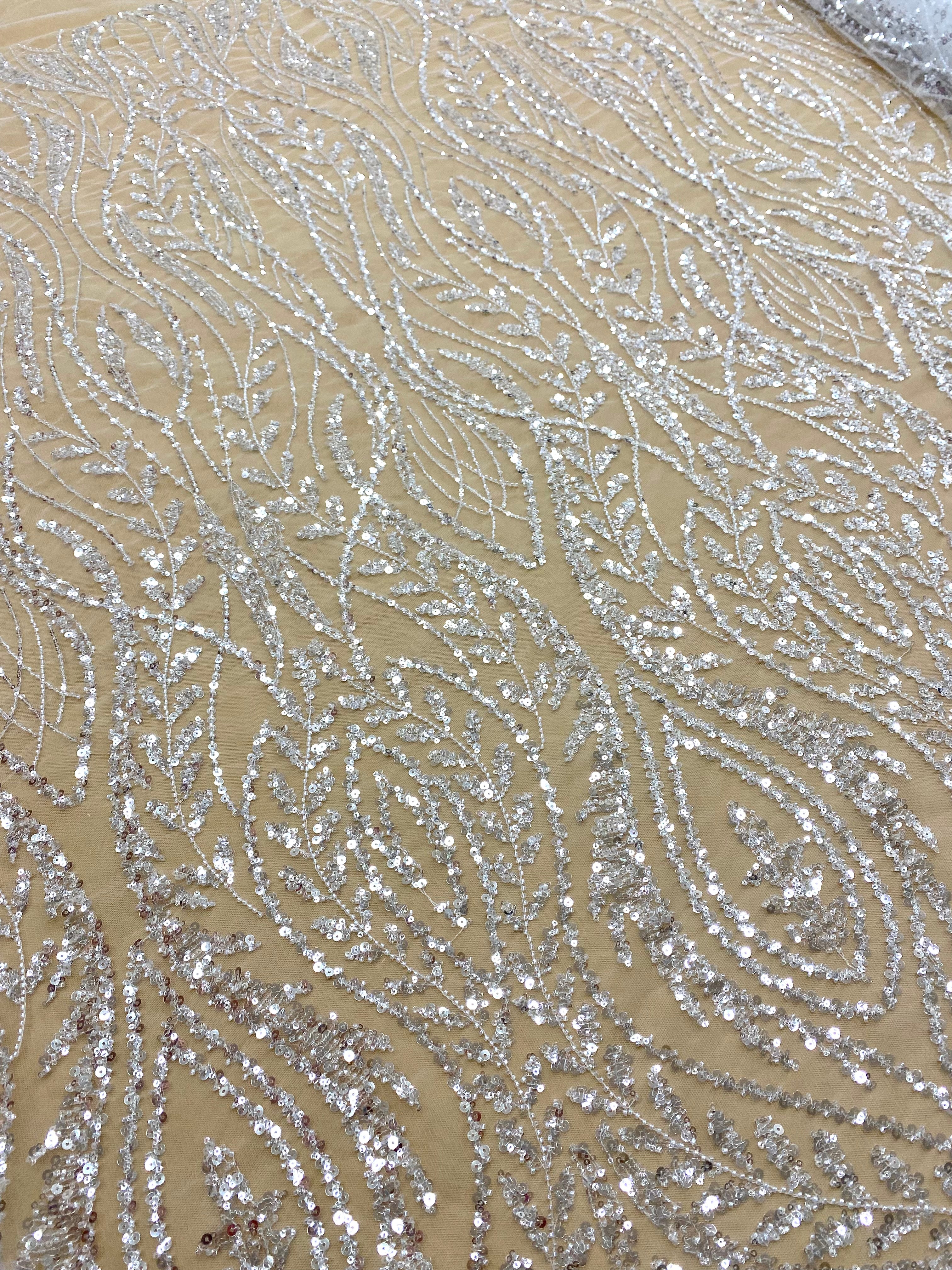 Silver Lace with Linear Pattern, with Pearls and Sequins