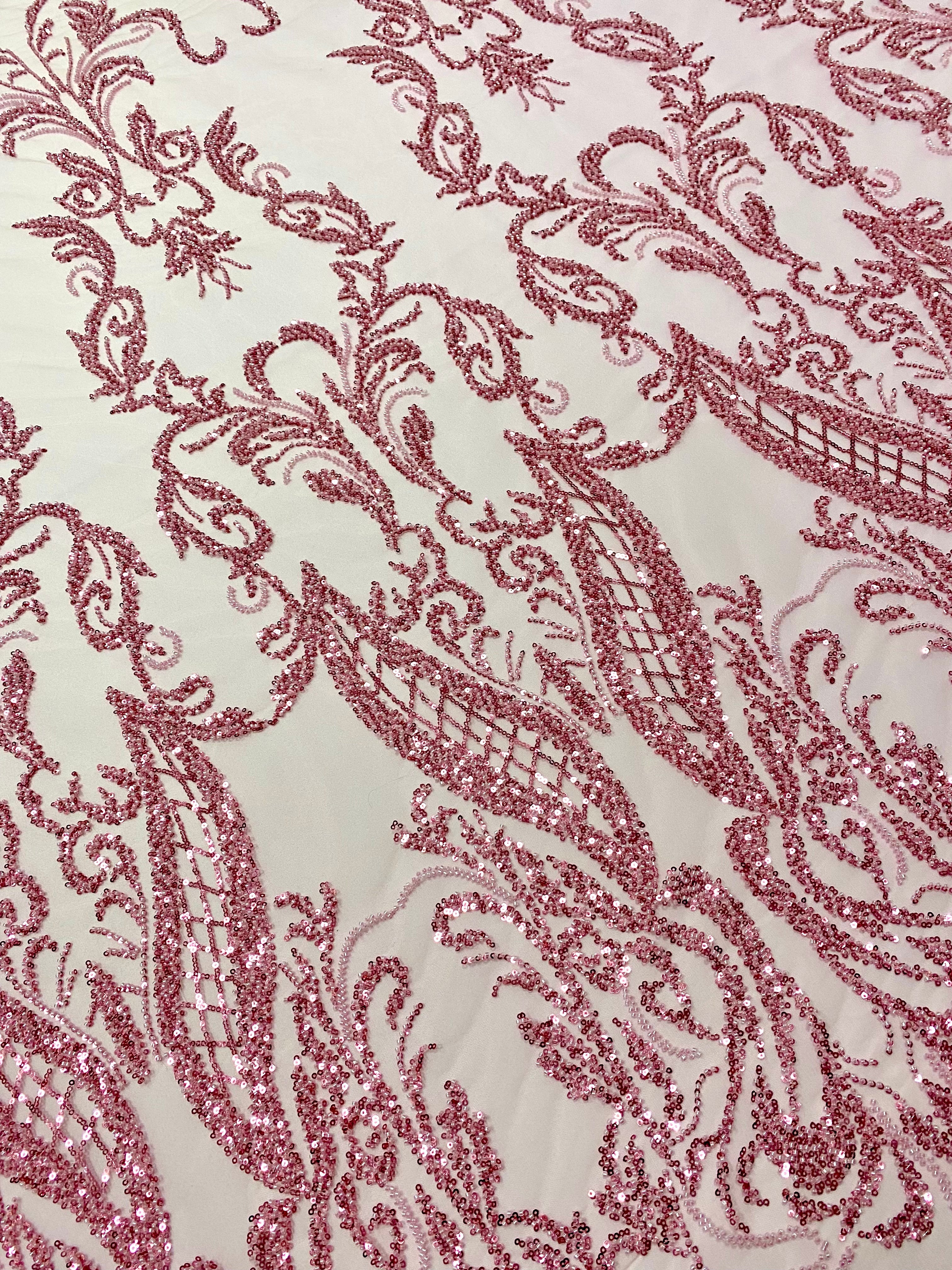 Pink Couture Lace with Geometric Pattern, with Beads and Sequins